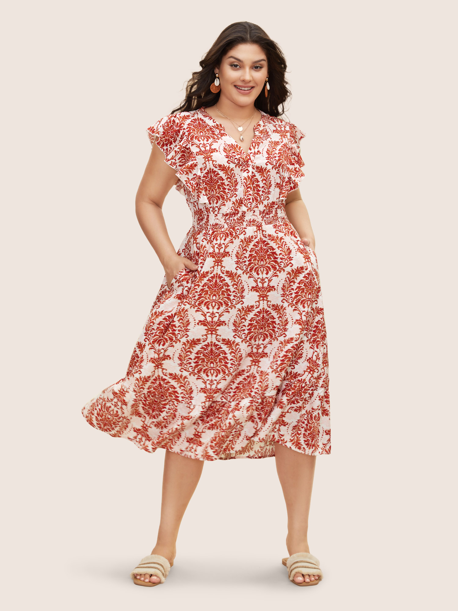 

Plus Size Boho Print Shirred Ruffle Cap Sleeve Dress Rust Women Resort Shirred Notched collar Cap Sleeve Curvy BloomChic