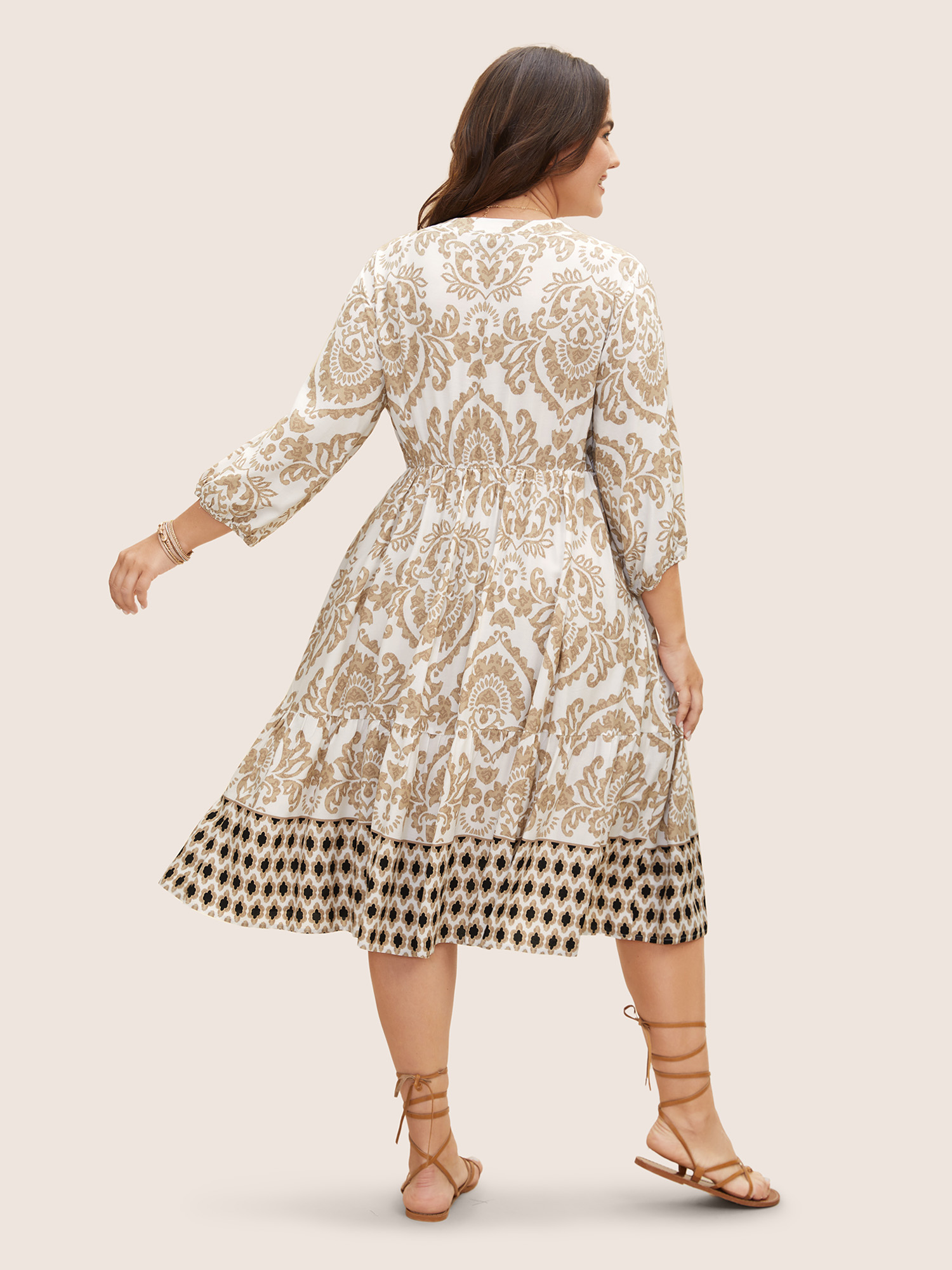 Plus Size Boho Print Tie Knot Lantern Sleeve Dress Tan Women Resort Tie knot V-neck Elbow-length sleeve Curvy BloomChic 14-16/1X 