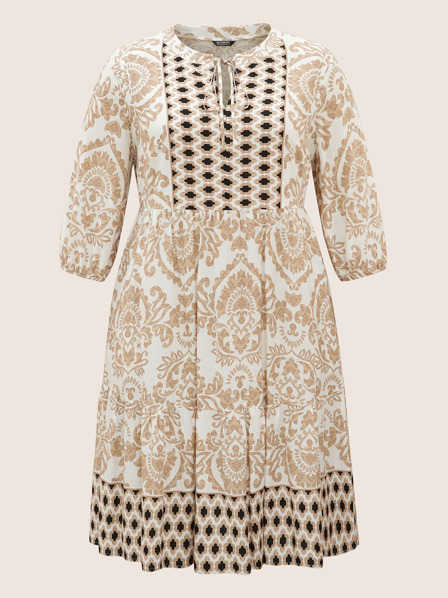 Plus Size Boho Print Tie Knot Lantern Sleeve Dress Tan Women Resort Tie knot V-neck Elbow-length sleeve Curvy BloomChic 14-16/1X 