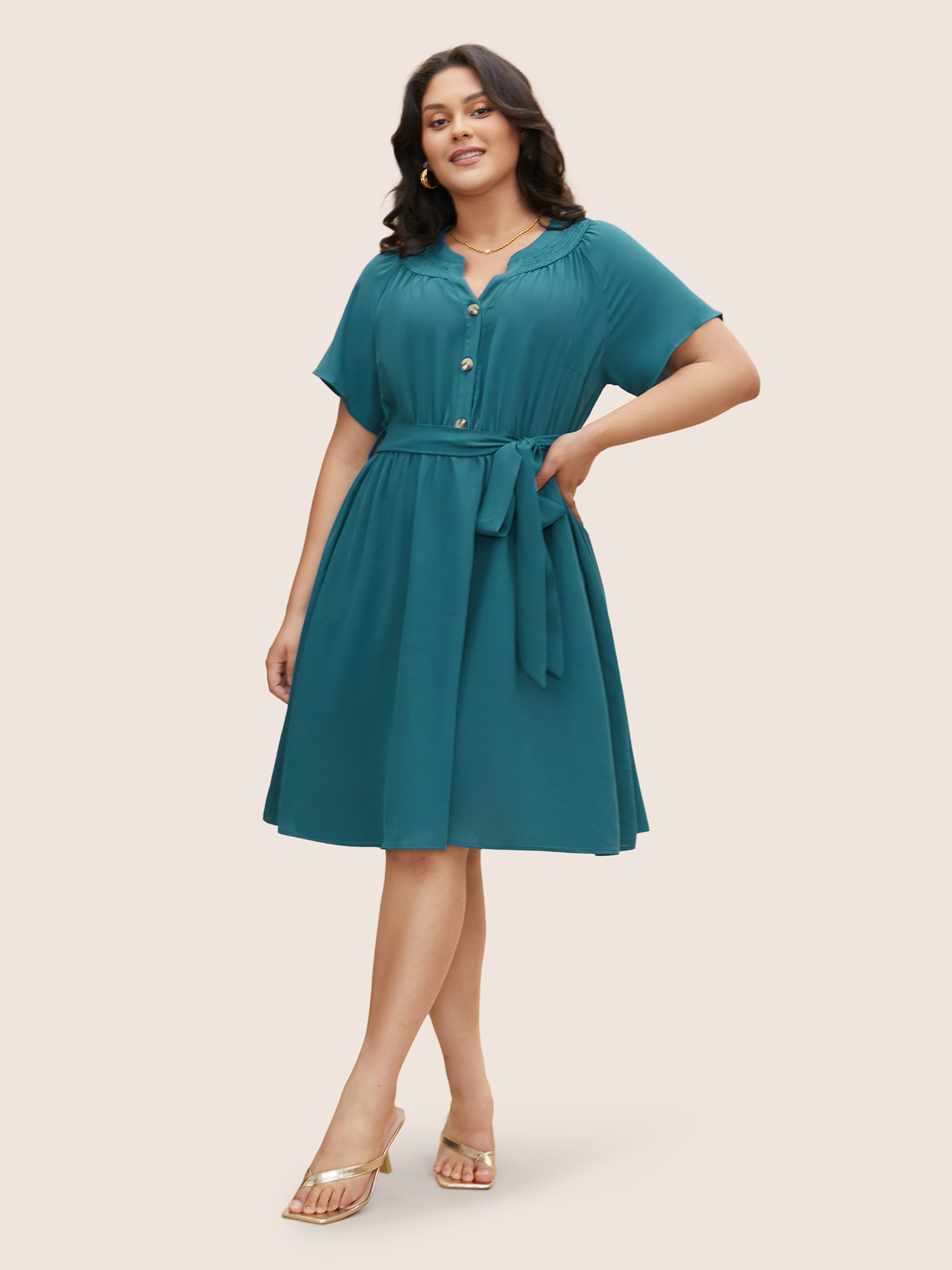 

Plus Size Shirred Notched Button Up Belted Dress Aegean Women Elegant Gathered Flat collar with V-notch Short sleeve Curvy BloomChic