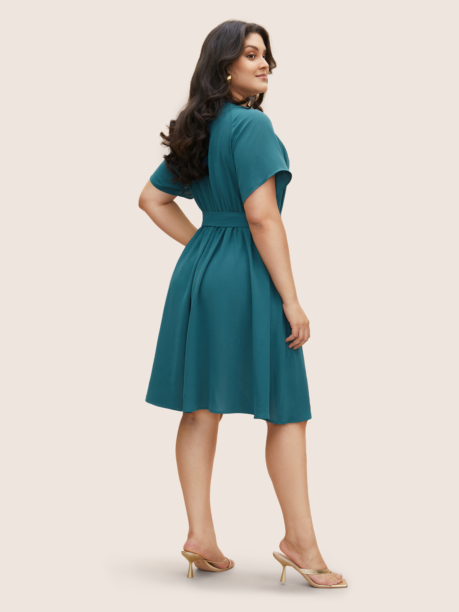 

Plus Size Shirred Notched Button Up Belted Dress Aegean Women Elegant Gathered Flat collar with V-notch Short sleeve Curvy BloomChic