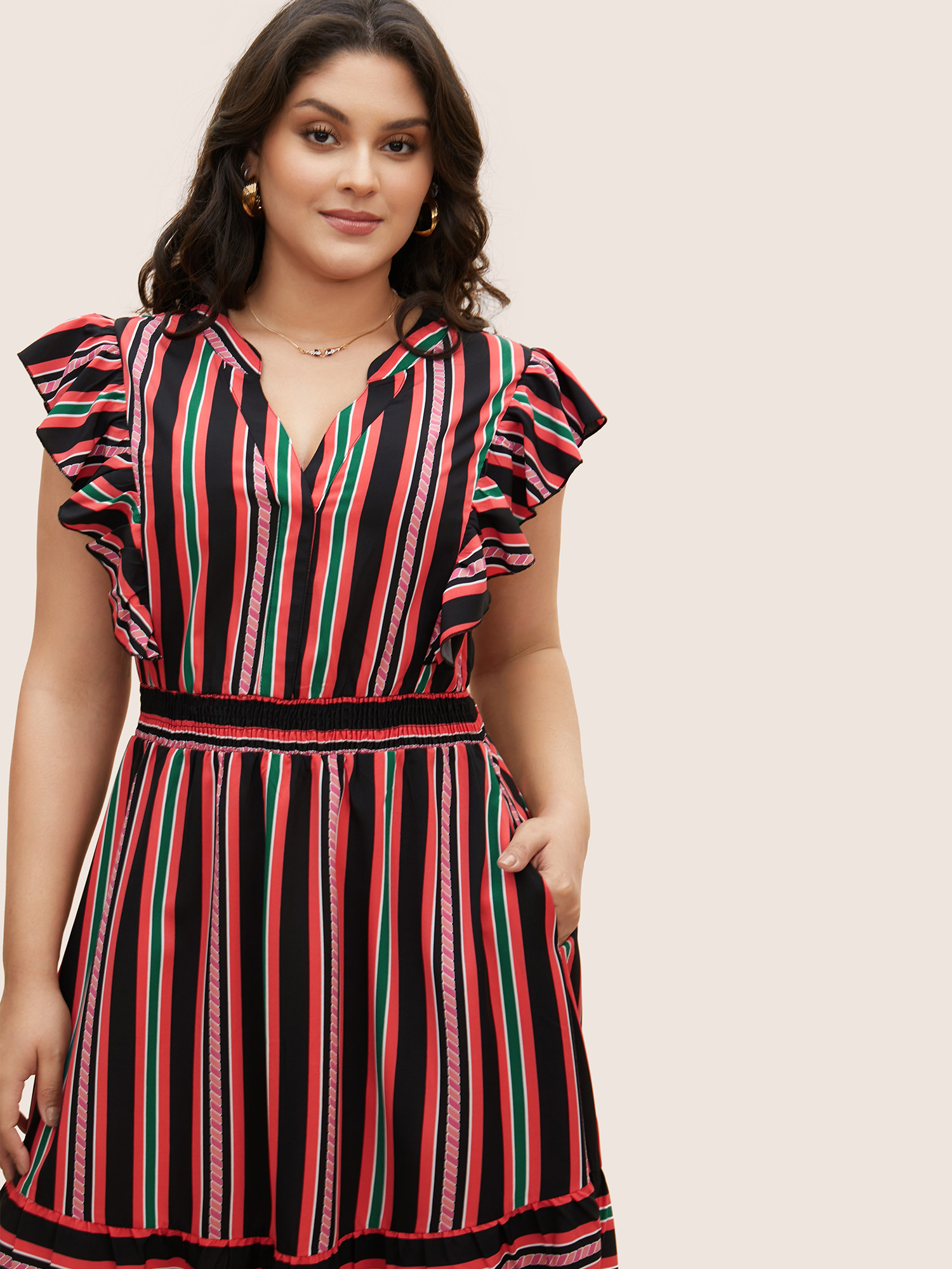 

Plus Size Contrast Striped Ruffle Cap Sleeve Dress Black Women Elegant Ruffles Notched collar Cap Sleeve Curvy BloomChic