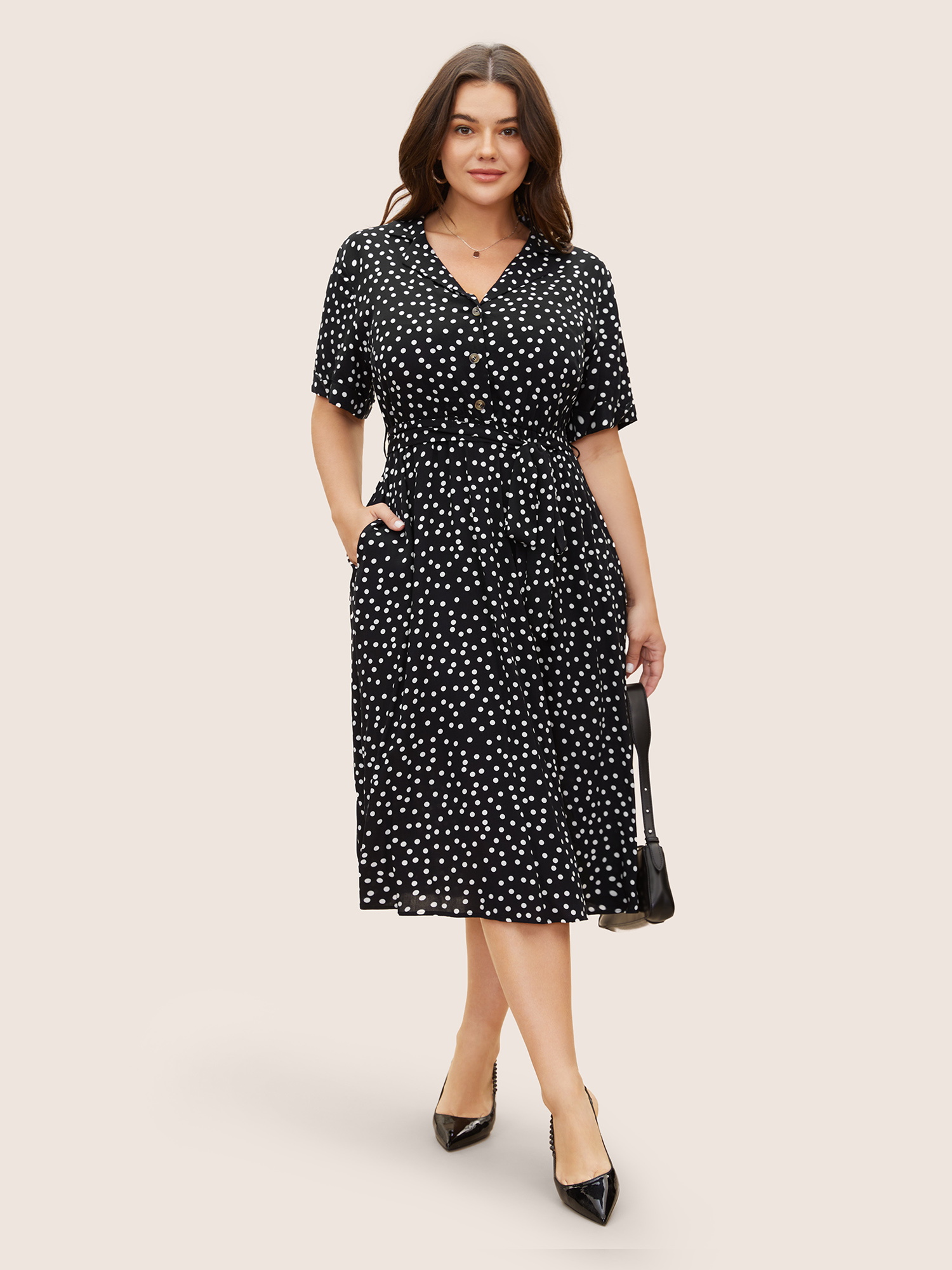 

Plus Size Polka Dot Suit Collar Cuffed Sleeve Dress Black Women Workwear Essentials Belted Suit Collar Short sleeve Curvy BloomChic