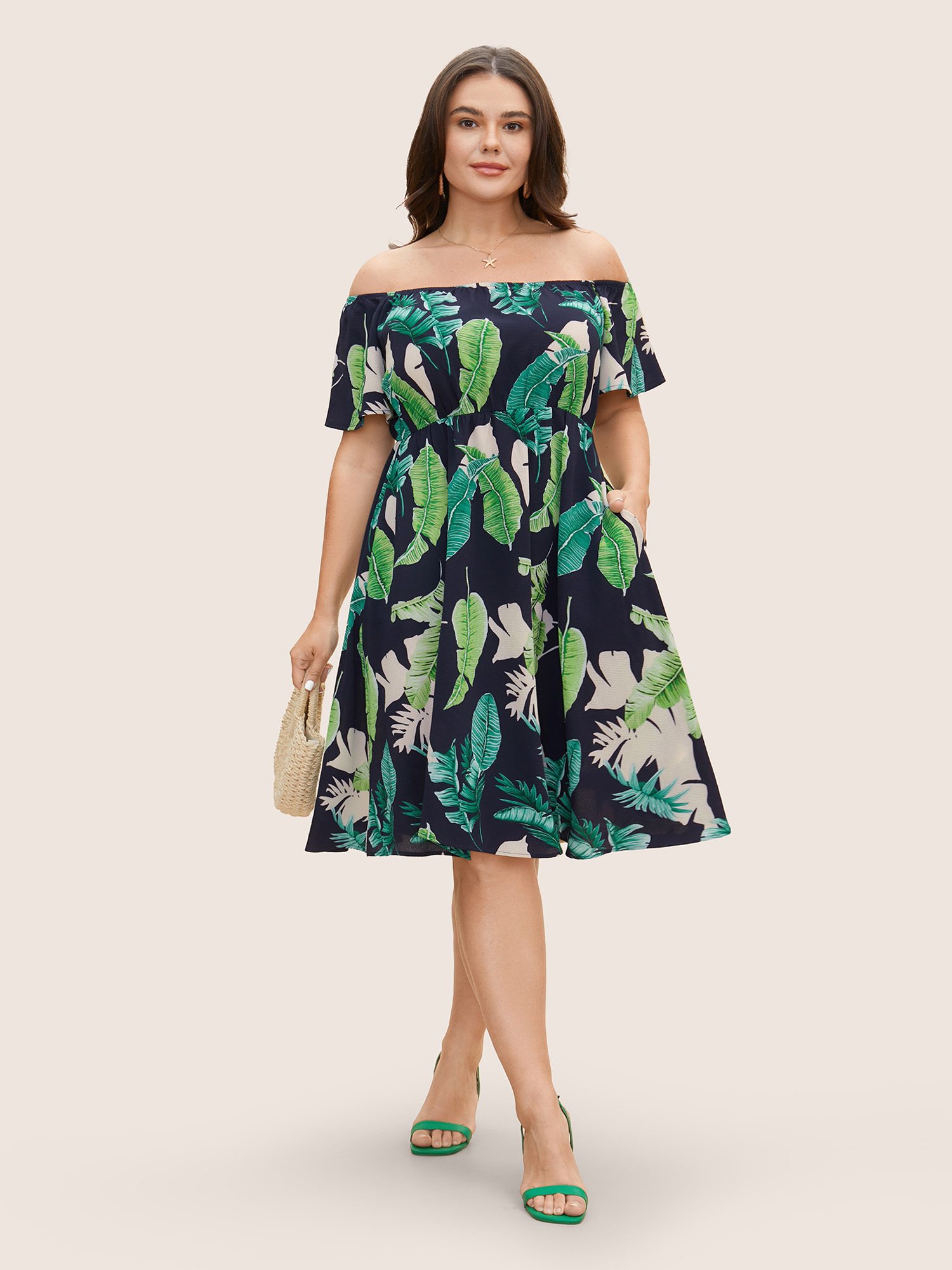 

Plus Size Tropical Print Off Shoulder Elastic Waist Dress Indigo Women Resort Gathered One-shoulder neck Short sleeve Curvy BloomChic