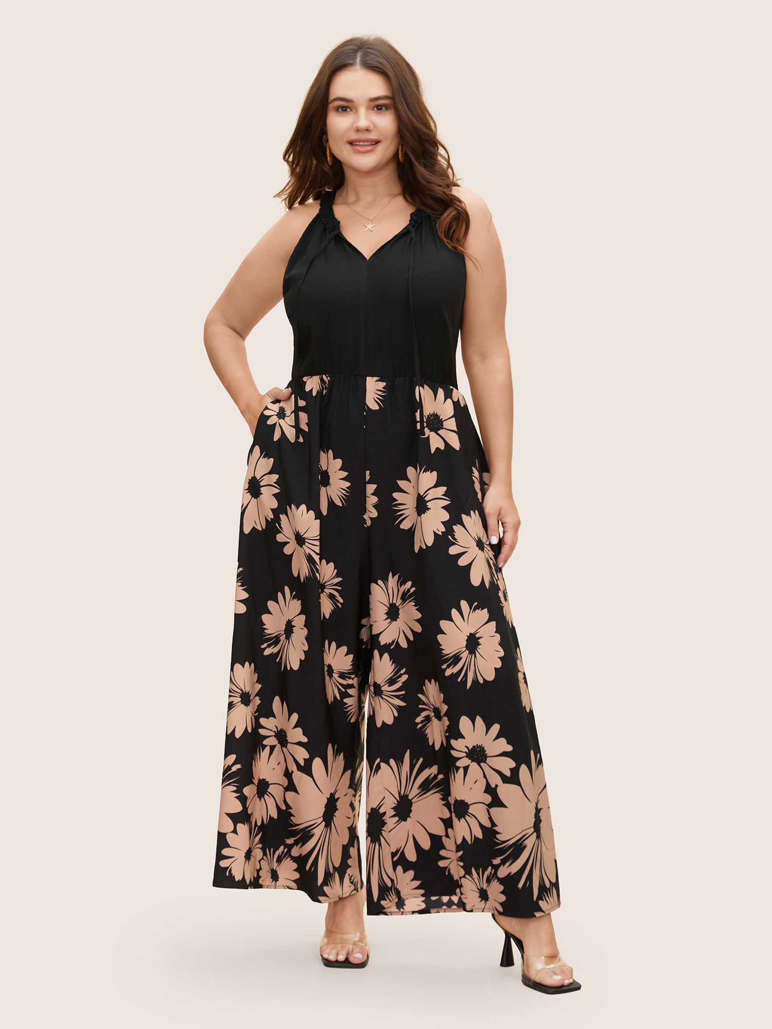 

Plus Size Black Floral Tie Knot Patchwork Frill Trim Jumpsuit Women Resort Sleeveless V-neck Vacation Loose Jumpsuits BloomChic