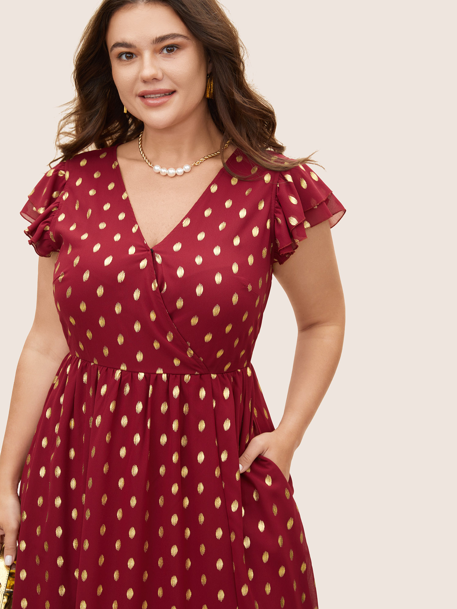 

Plus Size Glitter Polka Dot Ruffle Cap Sleeve Dress Burgundy Women Cocktail Ruffles Overlap Collar Cap Sleeve Curvy BloomChic