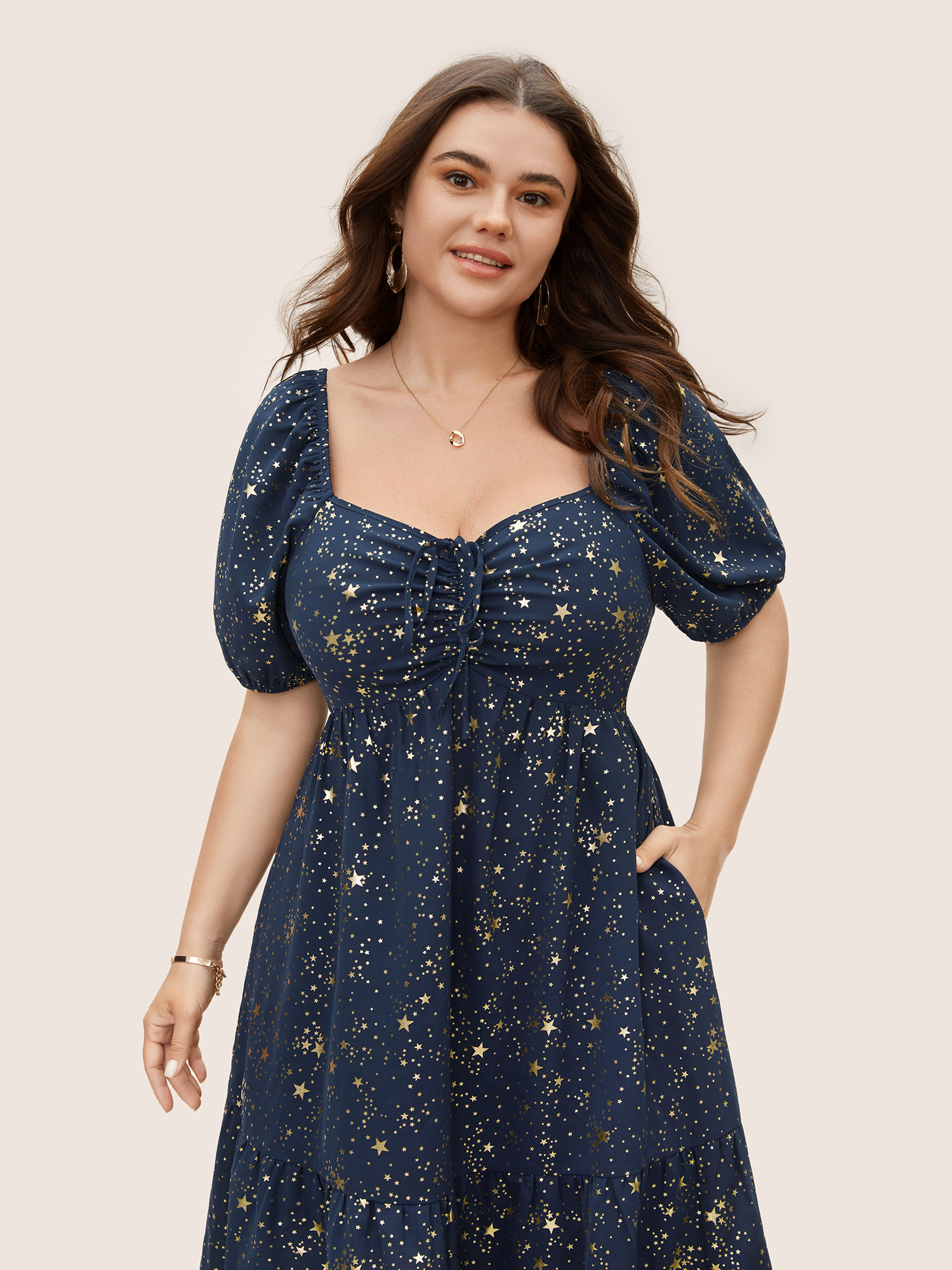 

Plus Size Star Glitter Drawstring Lantern Sleeve Dress Indigo Women Elegant Gathered Heart neckline Short sleeve Curvy BloomChic