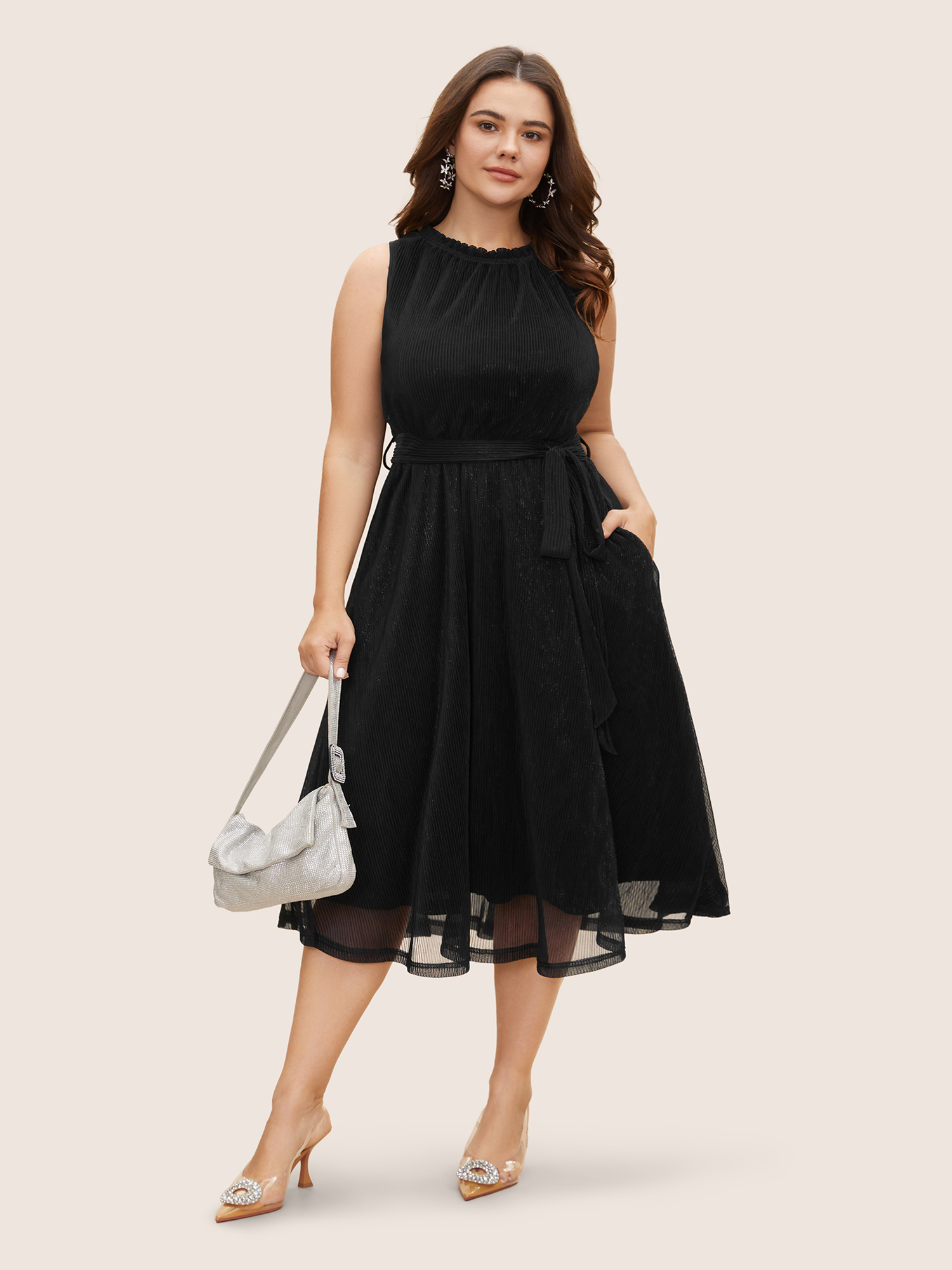 

Plus Size Stand Collar Luxe Belted Tank Dress Black Women Formal Texture Stand-up collar Sleeveless Curvy BloomChic