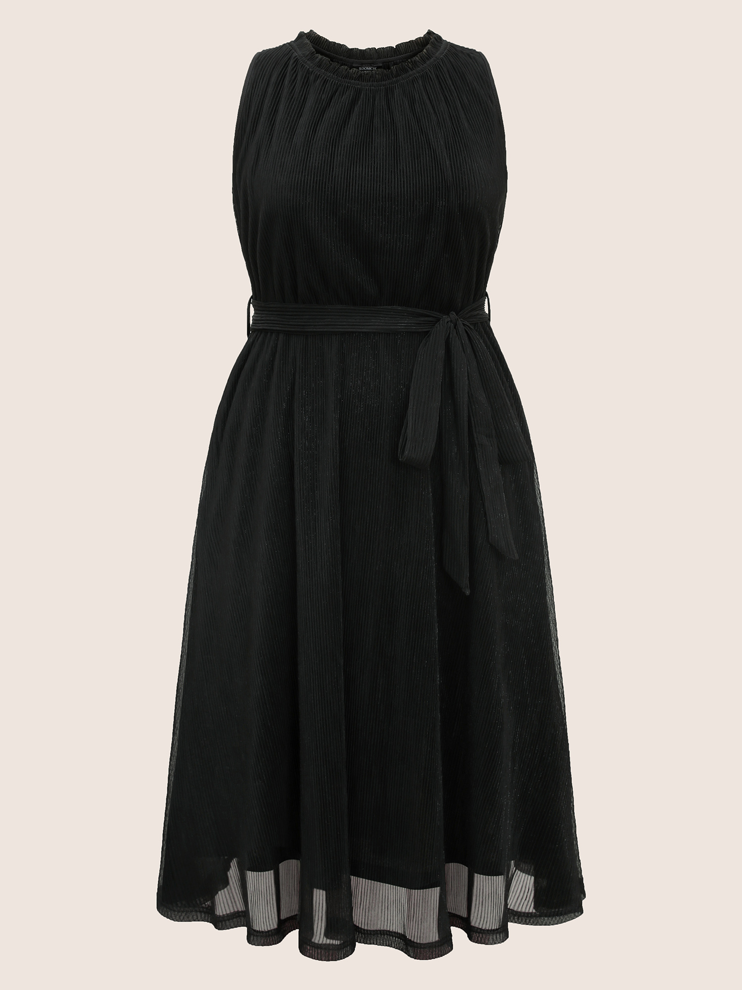 

Plus Size Stand Collar Luxe Belted Tank Dress Black Women Formal Texture Stand-up collar Sleeveless Curvy BloomChic