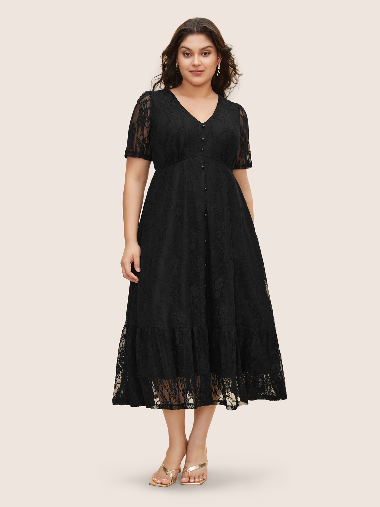 

Plus Size Crochet Lace Mesh Button Detail Dress Black Women Elegant Texture V-neck Short sleeve Curvy BloomChic