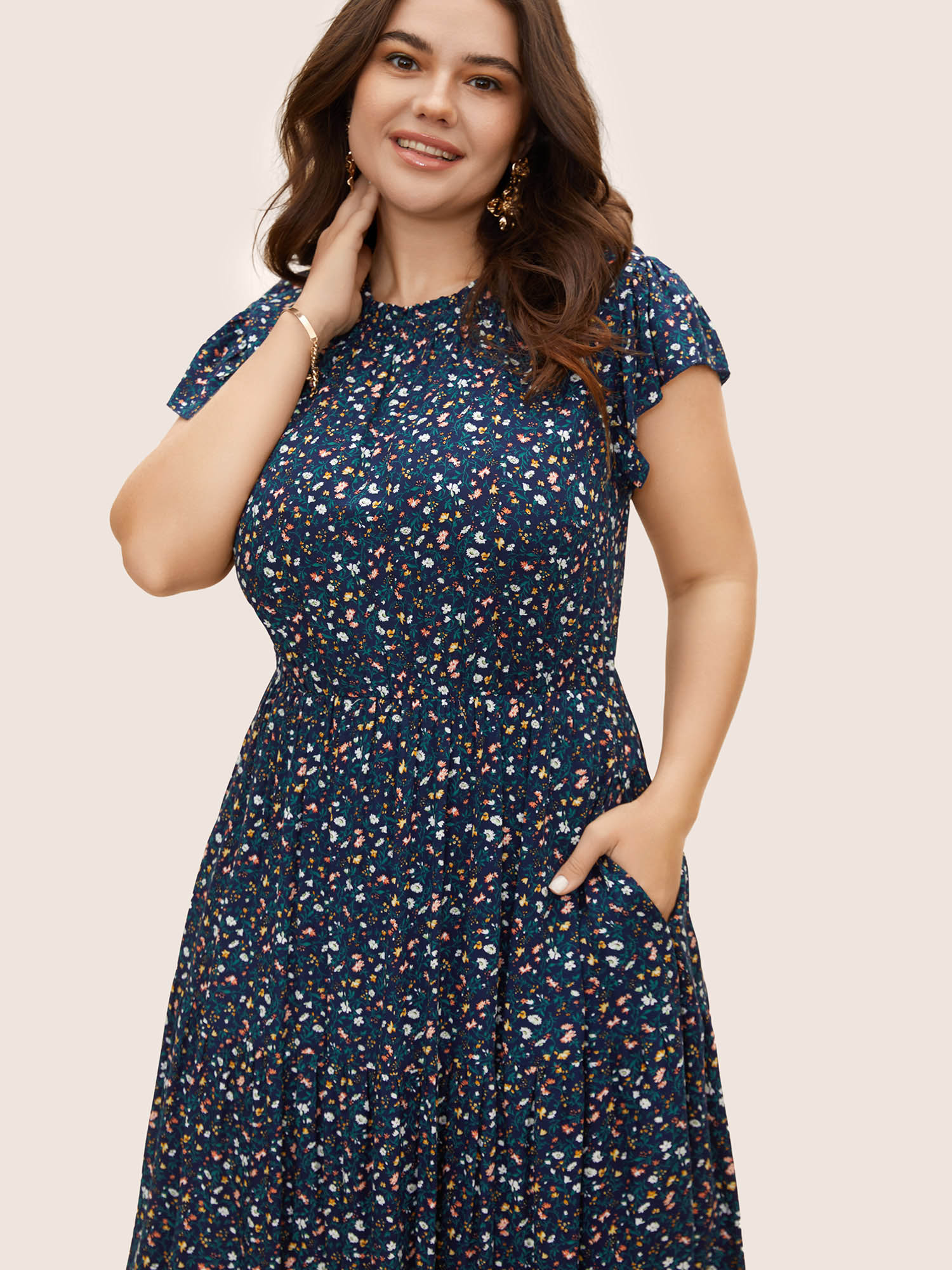 

Plus Size Ditsy Floral Ruffle Cap Sleeve Dress Navy Women Elegant Frill Trim Mock Neck Cap Sleeve Curvy BloomChic