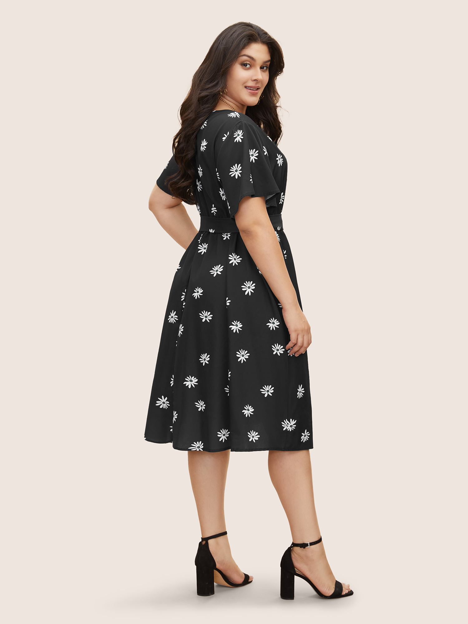 

Plus Size Daisy Ruffle Wrap Midi Dress Black Women Elegant Belted Overlap Collar Short sleeve Curvy BloomChic