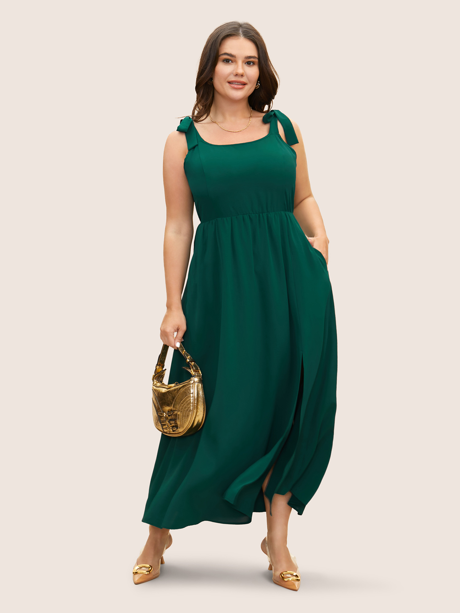 

Plus Size Solid Tie Knot Slit Hem Dress DarkGreen Women Formal Tie knot Square Neck Sleeveless Curvy BloomChic