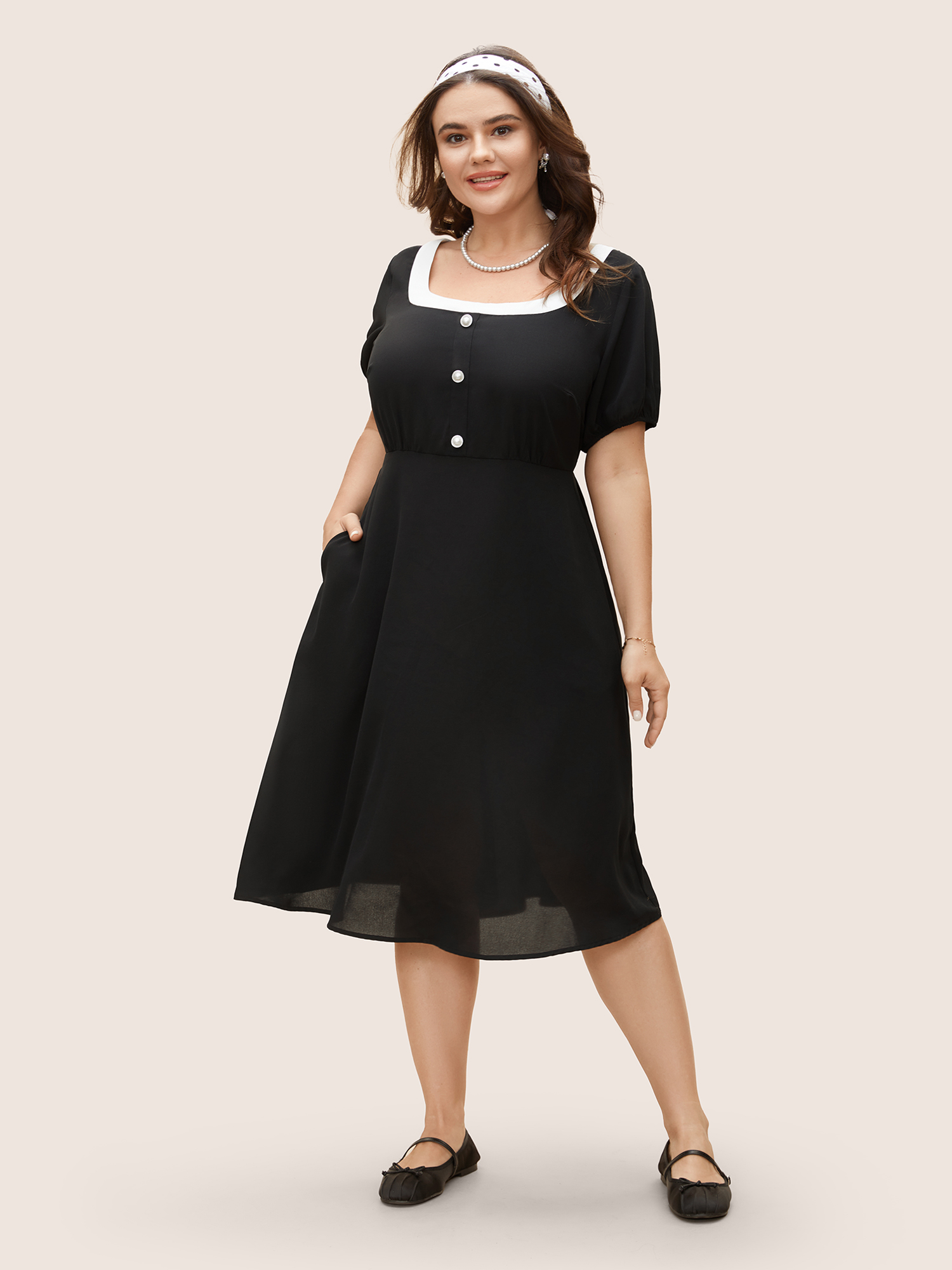 

Plus Size Pearl Buttons Vintage Midi Dress Black Women Elegant Gathered U-neck Short sleeve Curvy BloomChic