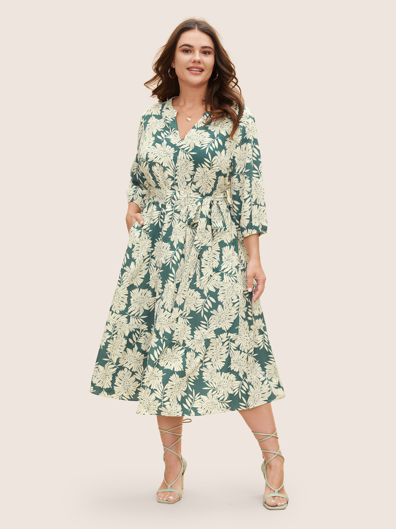 

Plus Size Tropical Print Belted Gathered Lantern Sleeve Dress Teal Women Resort Gathered Flat collar with V-notch Elbow-length sleeve Curvy BloomChic