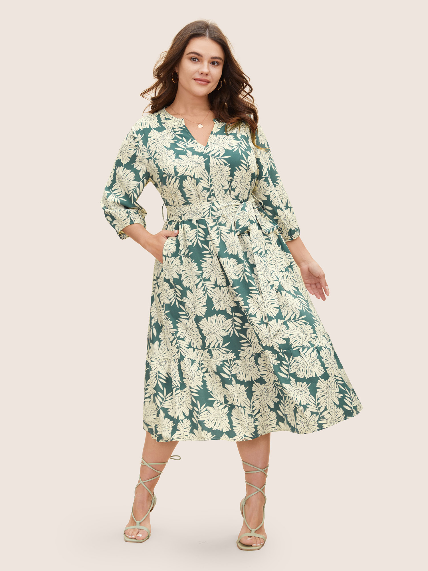 

Plus Size Tropical Print Belted Gathered Lantern Sleeve Dress Teal Women Resort Gathered Flat collar with V-notch Elbow-length sleeve Curvy BloomChic