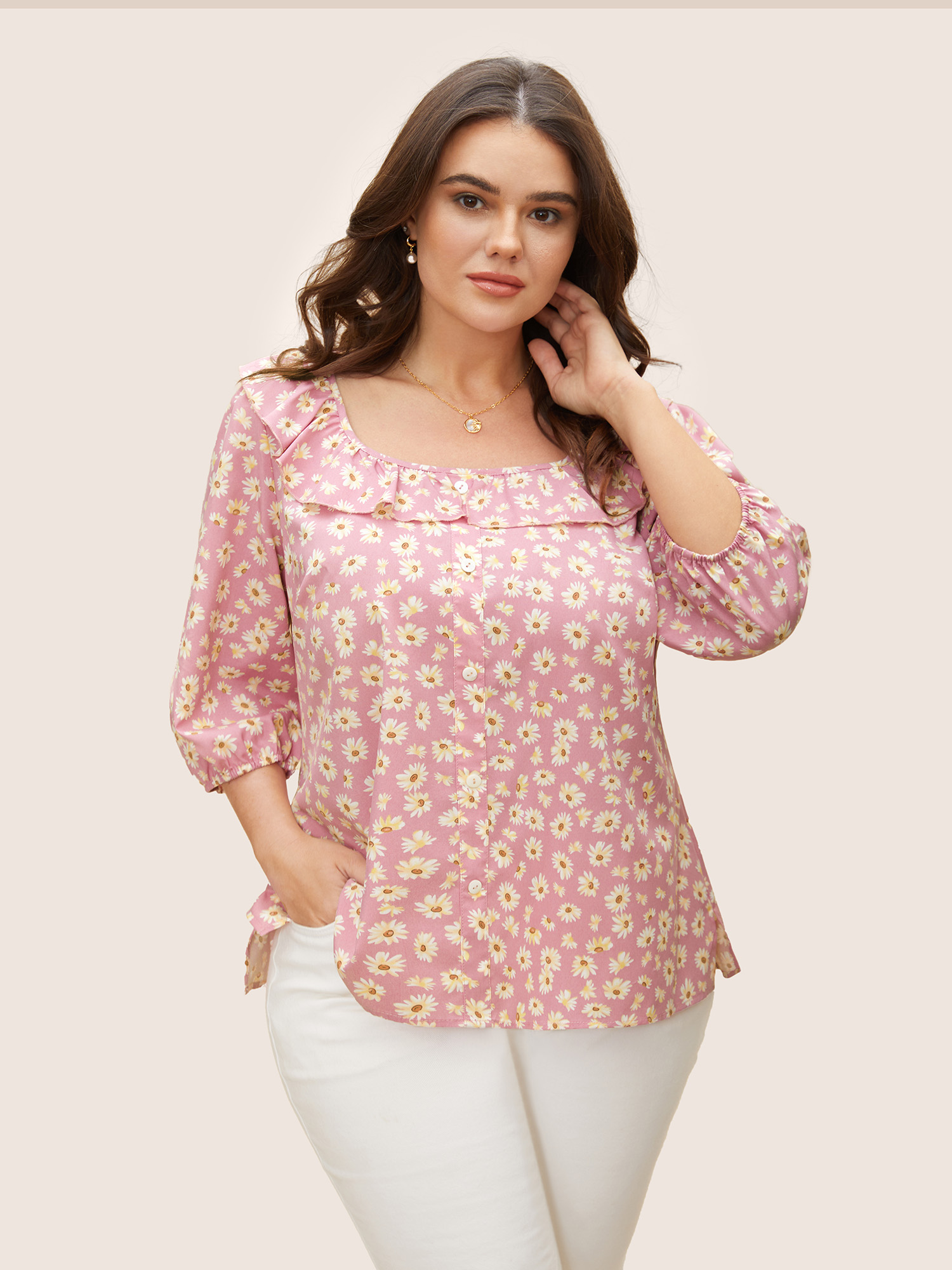 

Plus Size Lightpink Daisy Patterned Ruffled Collar Blouse Women Elegant Elbow-length sleeve Square Neck Everyday Blouses BloomChic