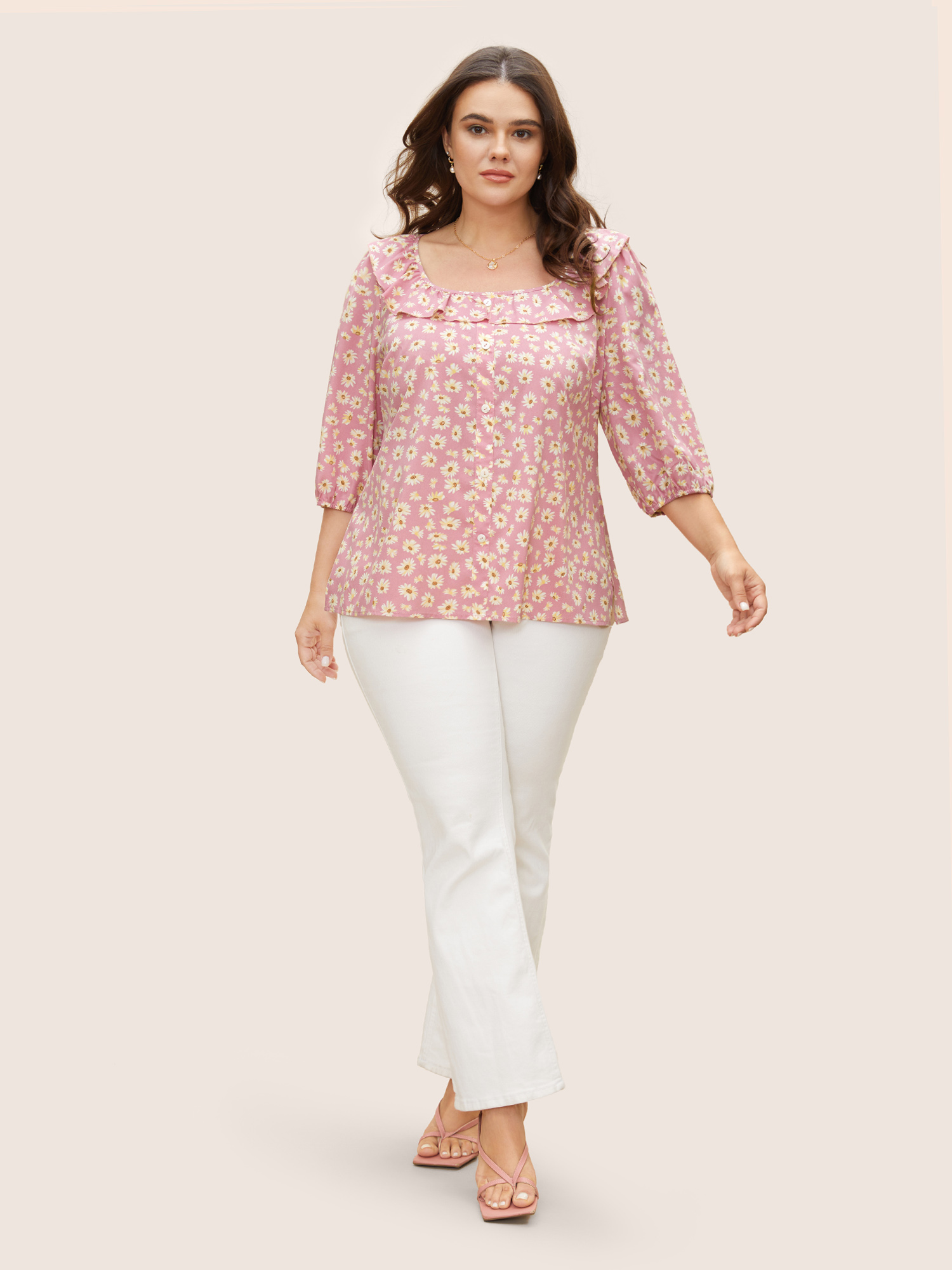 Plus Size Lightpink Daisy Patterned Ruffled Collar Blouse Women Elegant Elbow-length sleeve Square Neck Everyday Blouses BloomChic 26/4X 