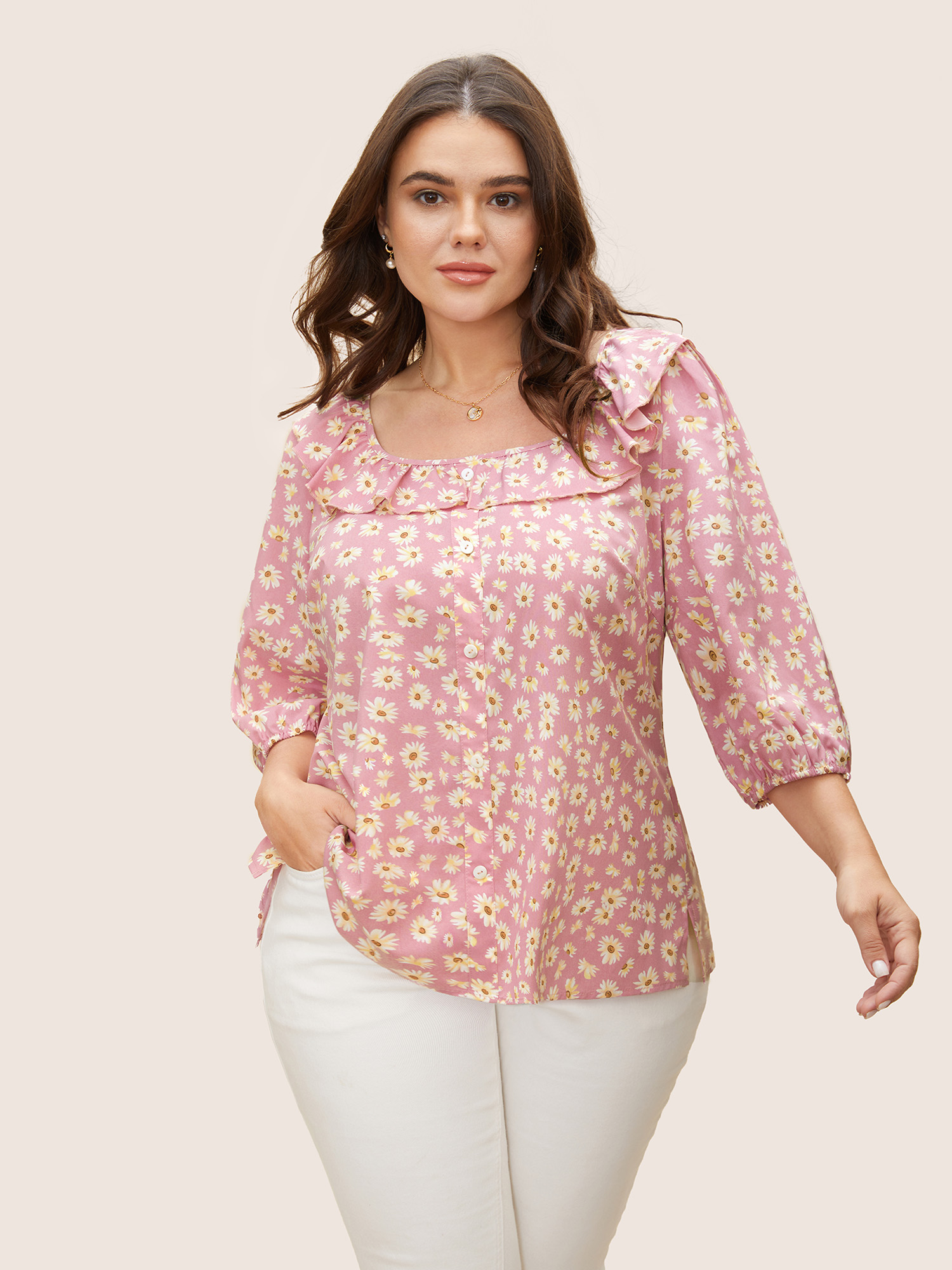 Plus Size Lightpink Daisy Patterned Ruffled Collar Blouse Women Elegant Elbow-length sleeve Square Neck Everyday Blouses BloomChic 26/4X 