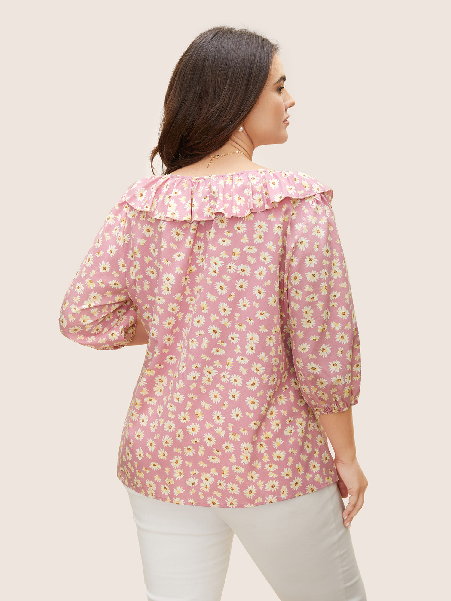 Plus Size Lightpink Daisy Patterned Ruffled Collar Blouse Women Elegant Elbow-length sleeve Square Neck Everyday Blouses BloomChic 26/4X 