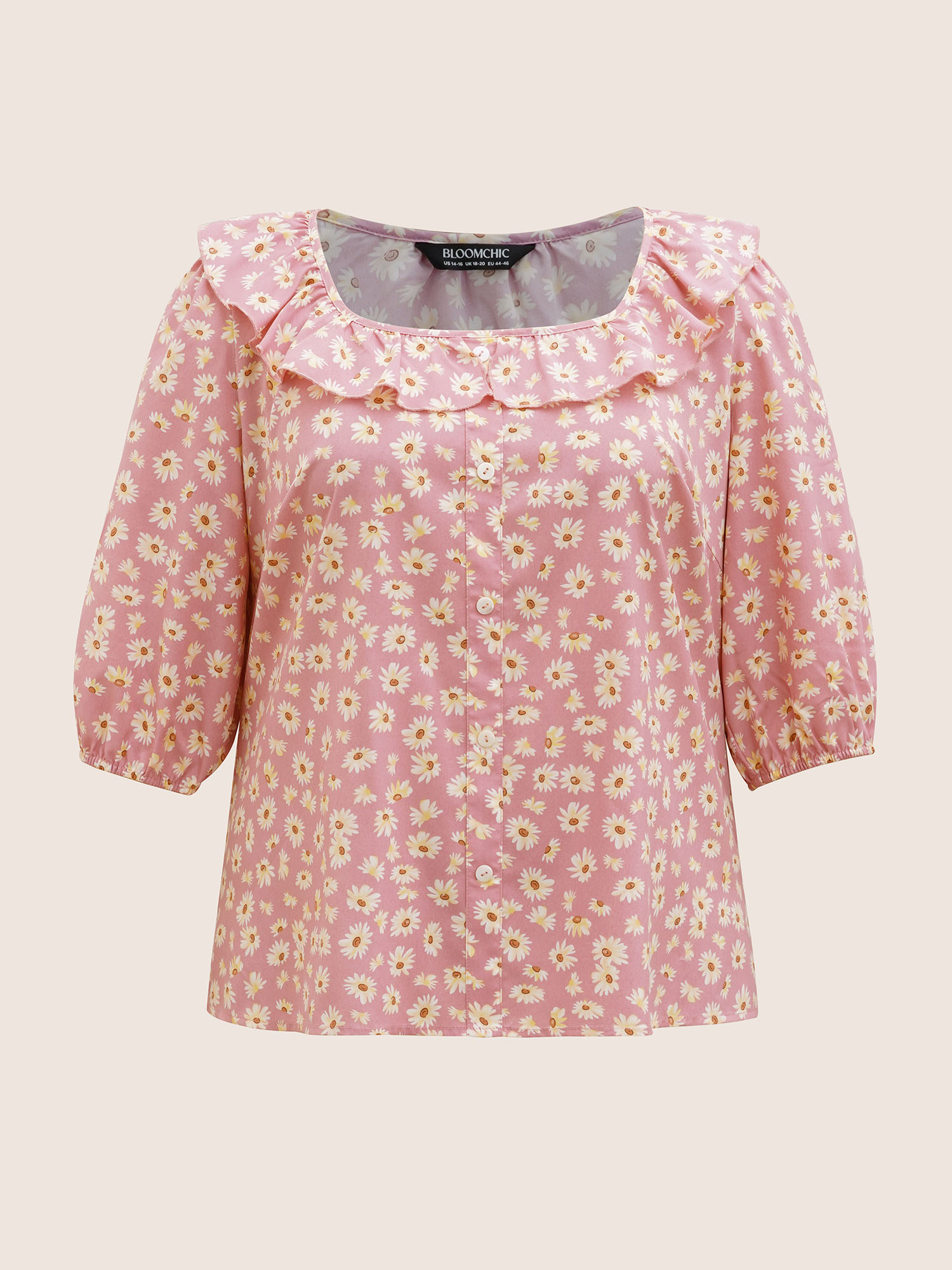 Plus Size Lightpink Daisy Patterned Ruffled Collar Blouse Women Elegant Elbow-length sleeve Square Neck Everyday Blouses BloomChic 26/4X 