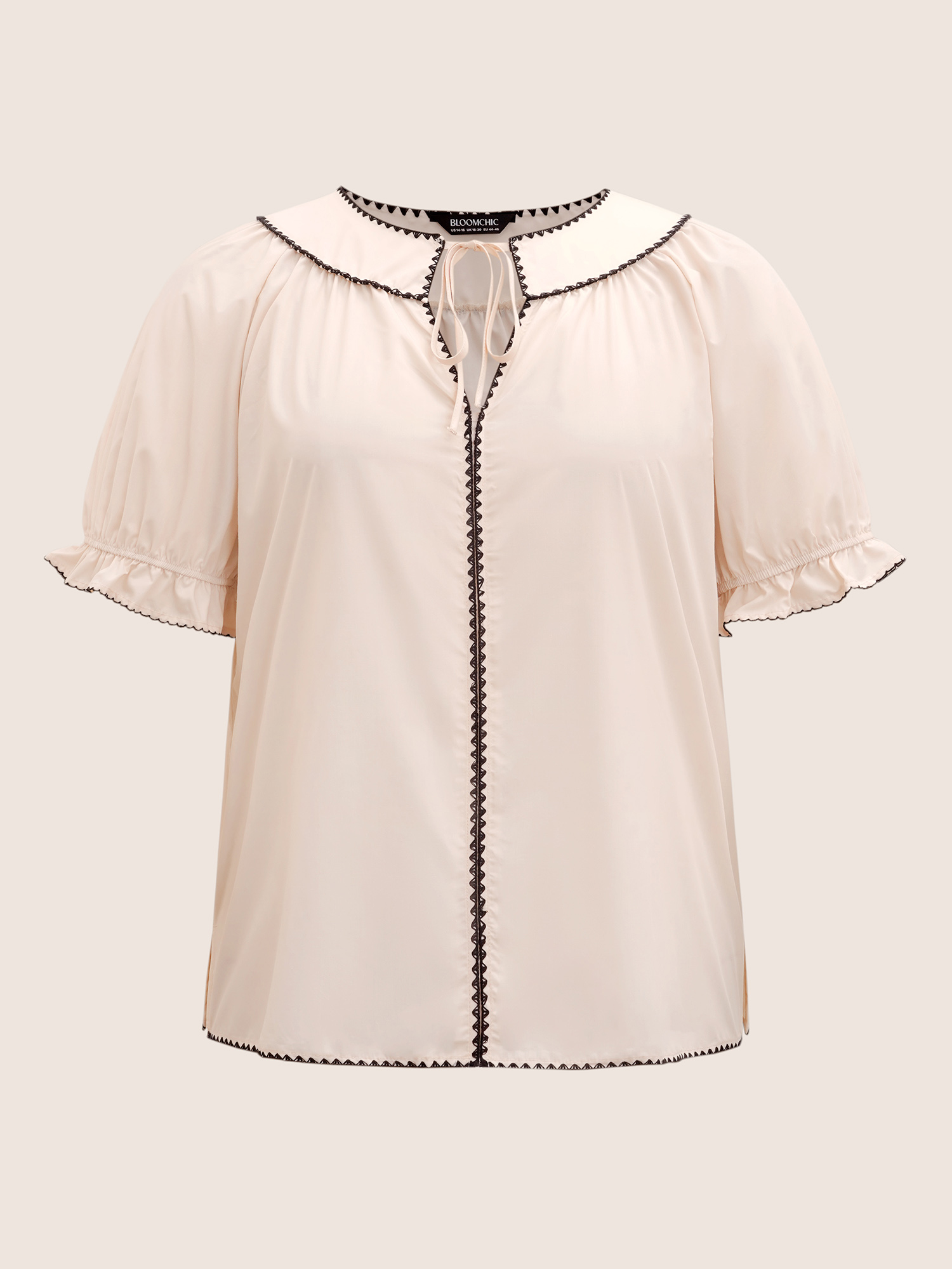 

Plus Size Beige Geometric Tie Knot Cotton Blouse Women Elegant Short sleeve V-neck Everyday Blouses BloomChic