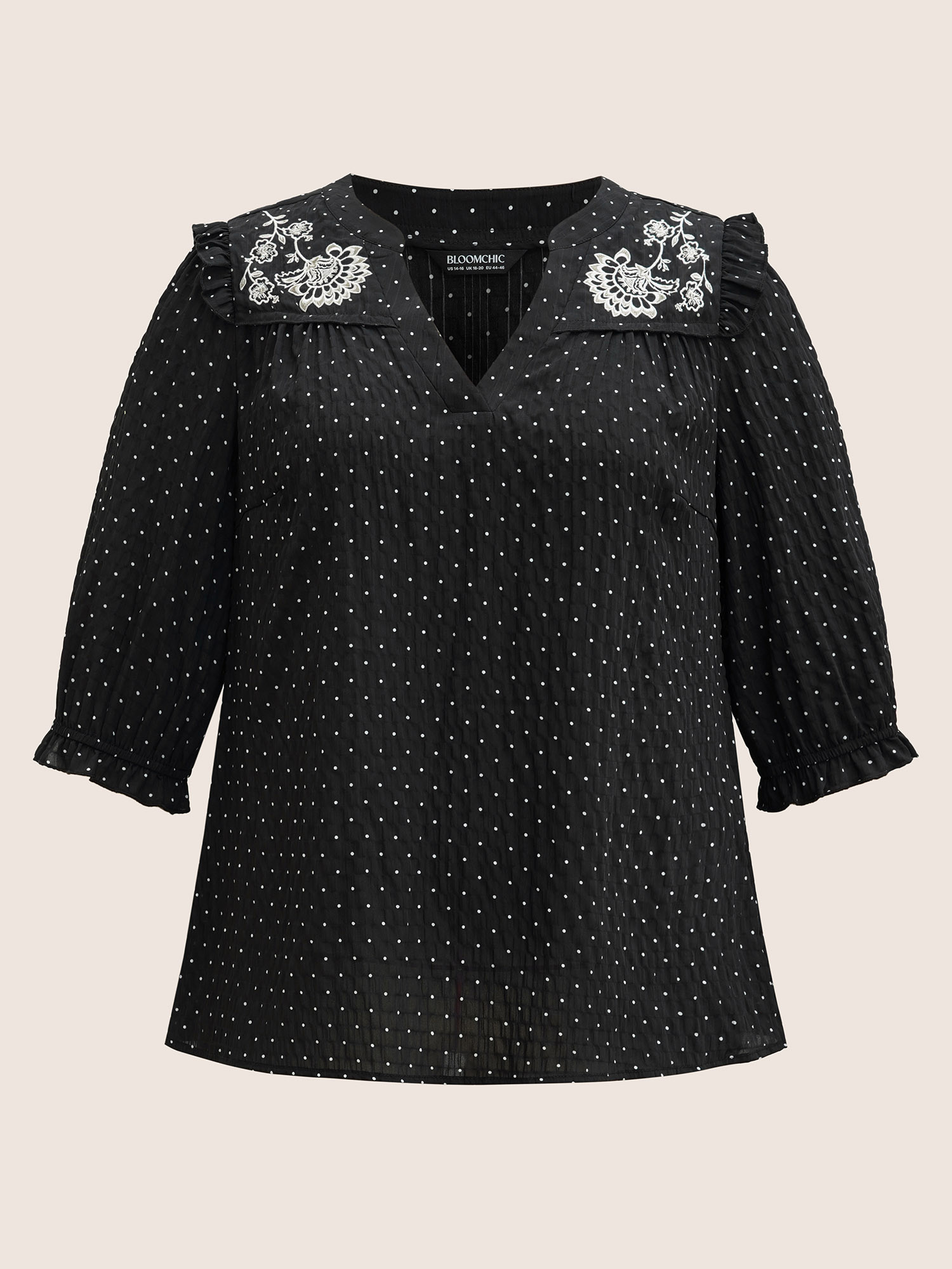 

Plus Size Black Ruffled Shoulders Embroided Blouse Women Elegant Elbow-length sleeve Flat collar with V-notch Everyday Blouses BloomChic