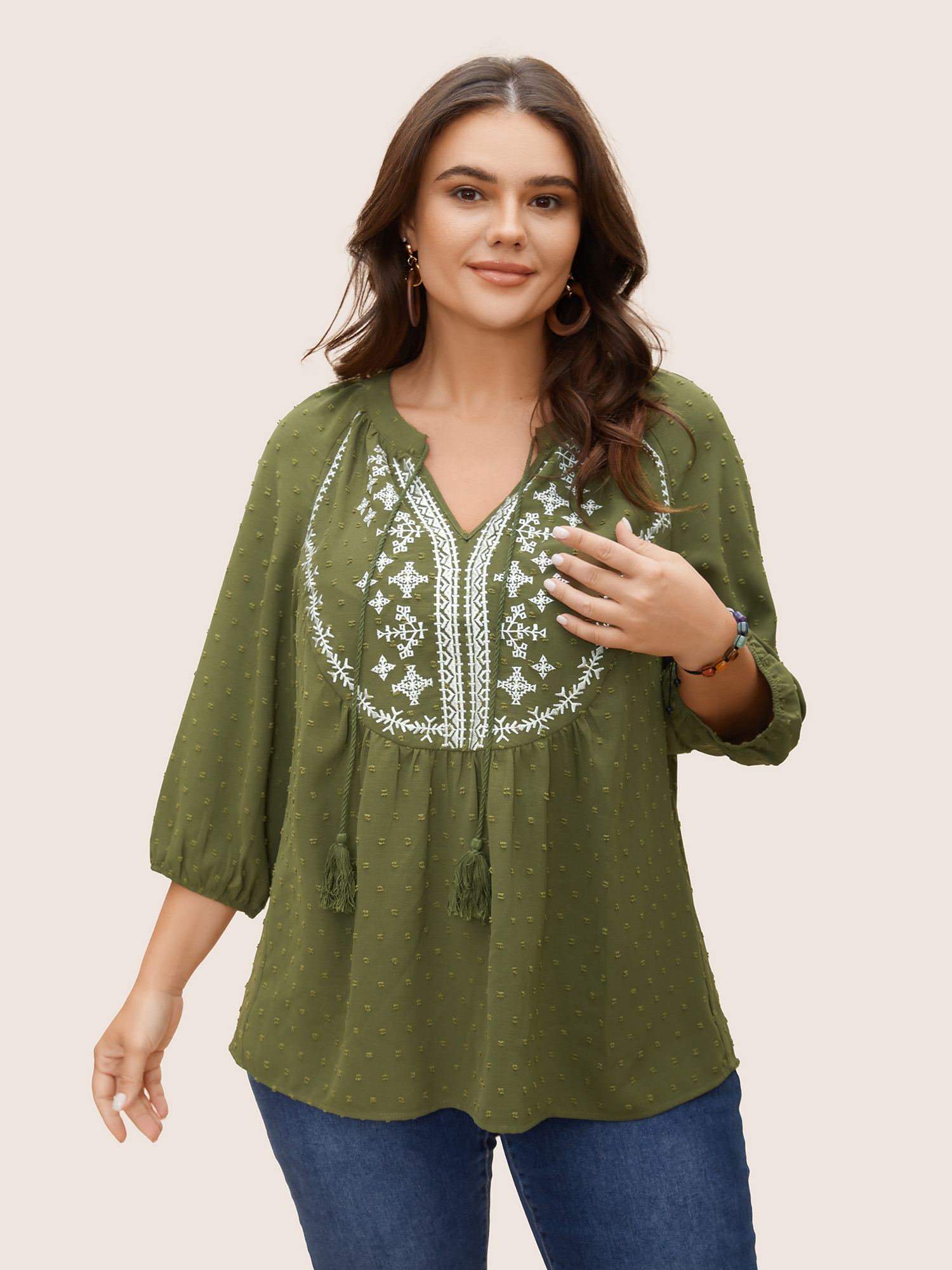 

Plus Size ArmyGreen Embroidered Tie Knot Tassels Lantern Sleeve T-shirt Women Resort Elbow-length sleeve V-neck Vacation Blouses BloomChic