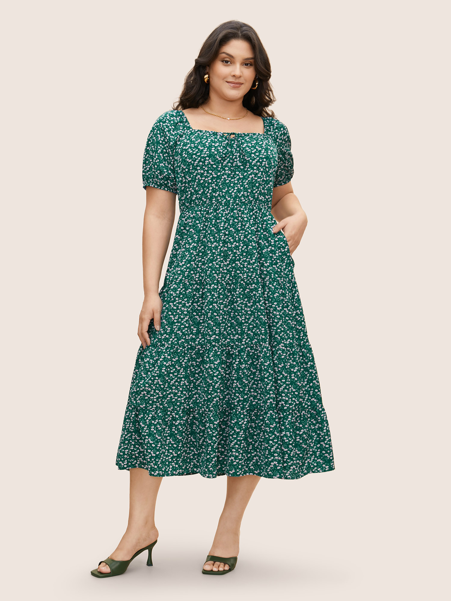 

Plus Size Ditsy Floral Tie Knot Gathered Dress Teal Women Elegant Tie knot Square Neck Short sleeve Curvy BloomChic