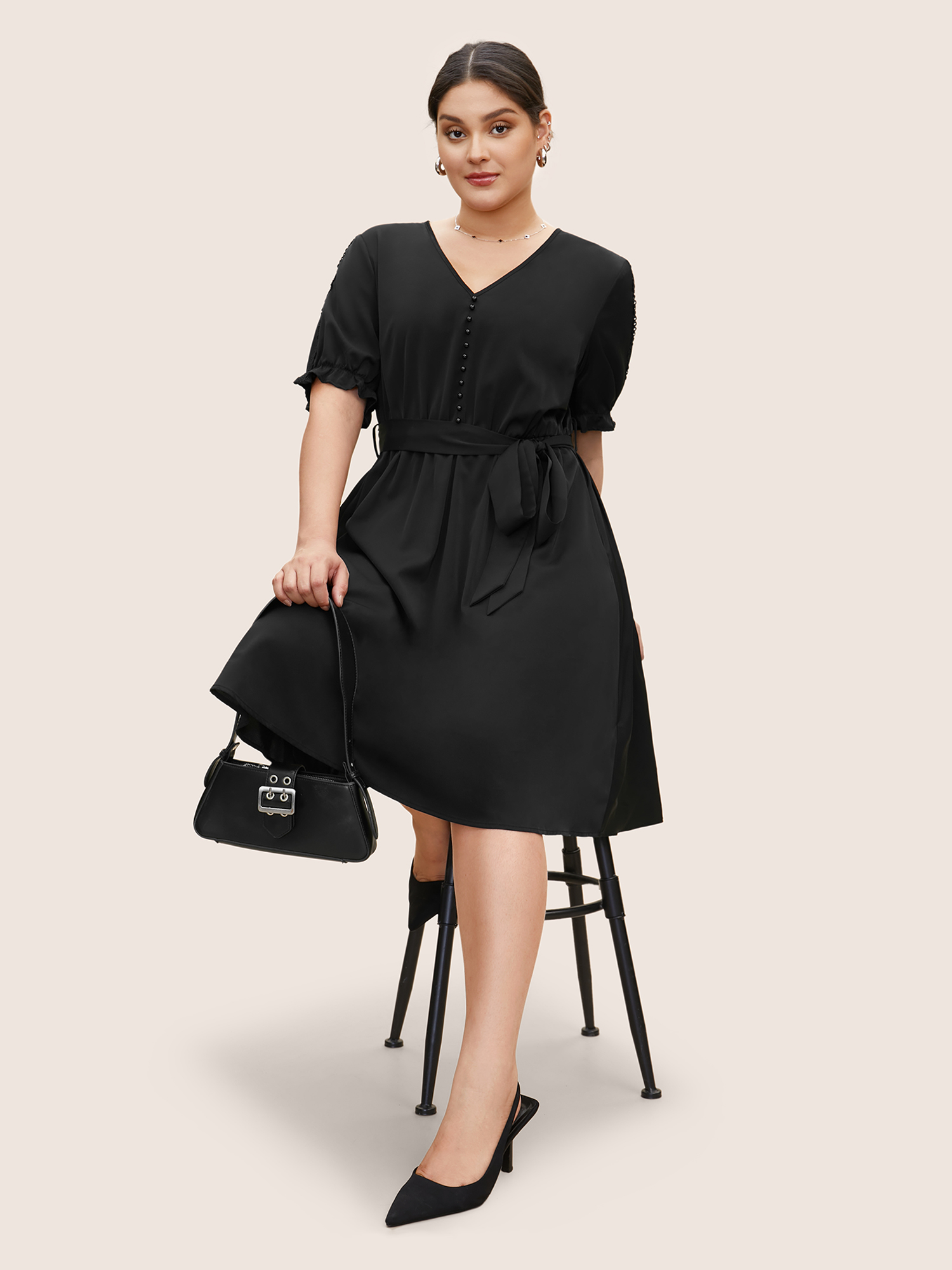 

Plus Size Solid Lace Panel Frill Trim Belted Dress Black Women At the Office Belted Heart neckline Short sleeve Curvy BloomChic