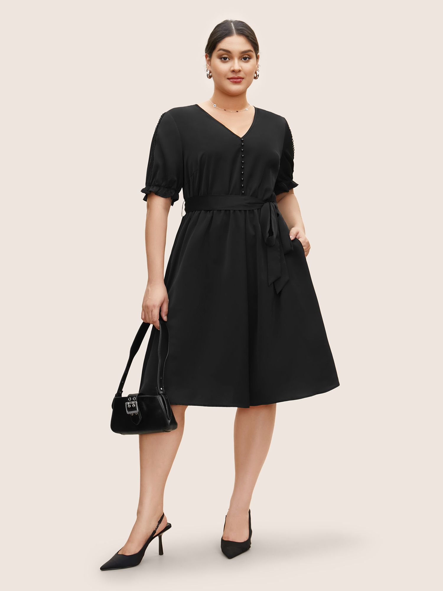 

Plus Size Solid Lace Panel Frill Trim Belted Dress Black Women At the Office Belted Heart neckline Short sleeve Curvy BloomChic