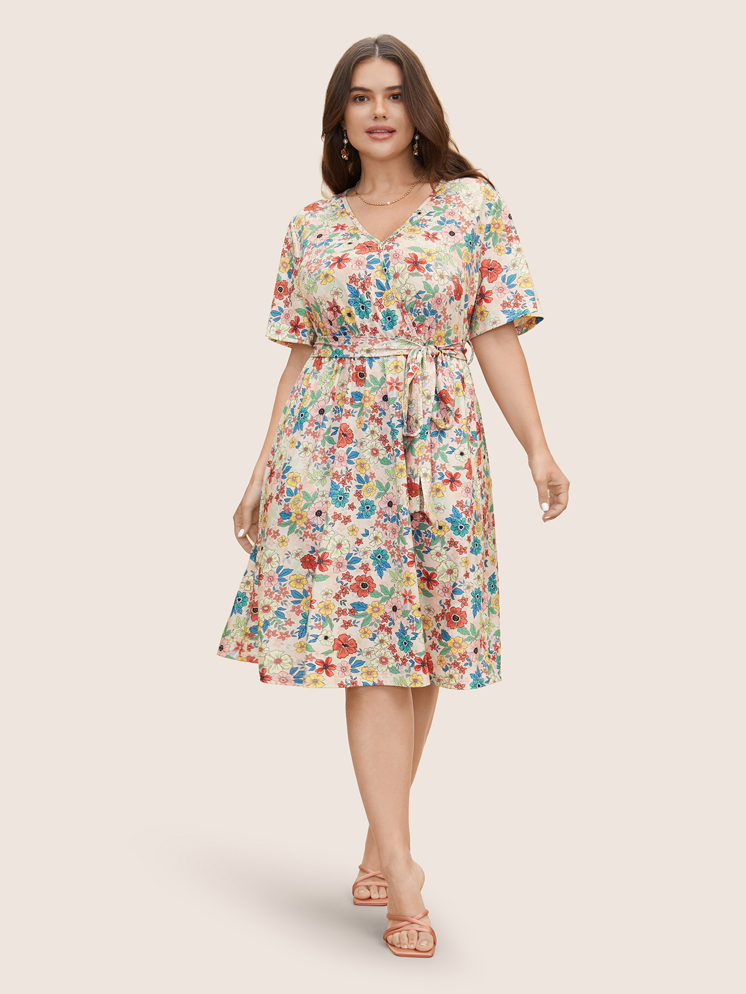 

Plus Size Floral Overlap Collar Belted Pocket Dress Multicolor Women Elegant Belted Overlap Collar Short sleeve Curvy BloomChic