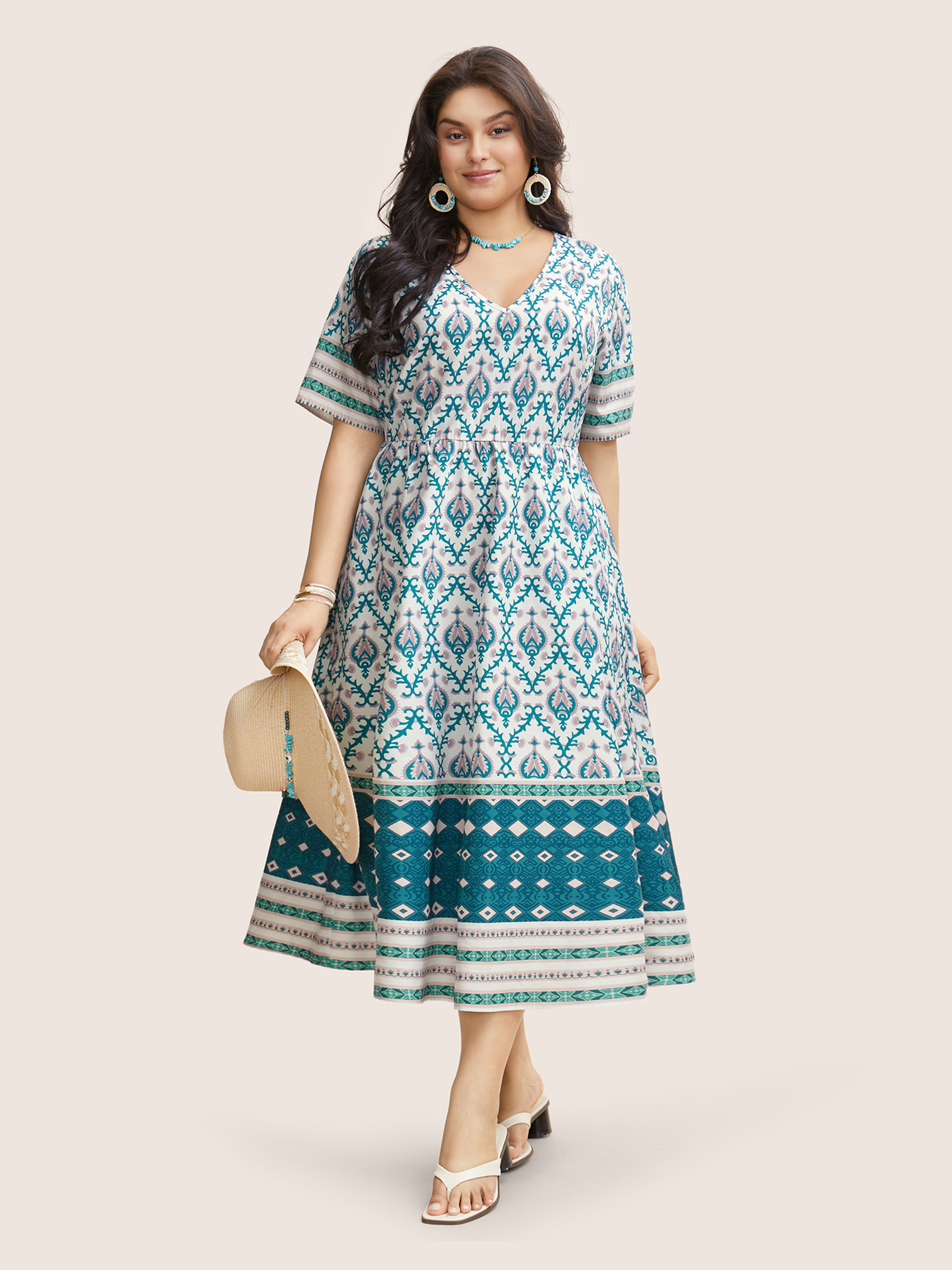 Plus Size V Neck Boho Print Ruffle Sleeve Midi Dress Turquoise Women Resort Non V-neck Short sleeve Curvy BloomChic 14-16/1X 