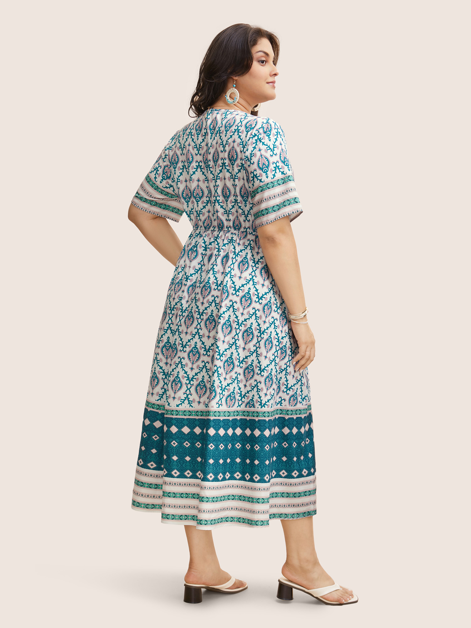 Plus Size V Neck Boho Print Ruffle Sleeve Midi Dress Turquoise Women Resort Non V-neck Short sleeve Curvy BloomChic 14-16/1X 
