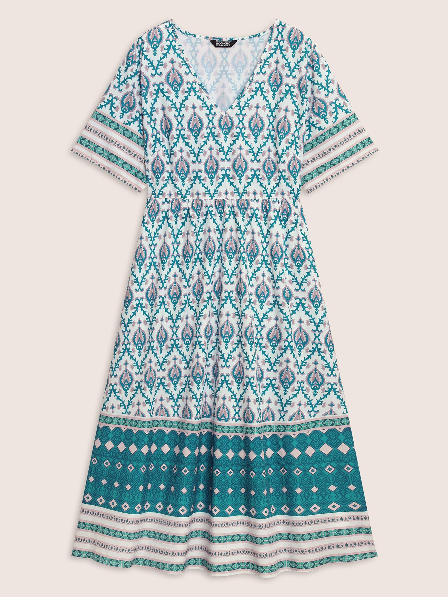 Plus Size V Neck Boho Print Ruffle Sleeve Midi Dress Turquoise Women Resort Non V-neck Short sleeve Curvy BloomChic 14-16/1X 
