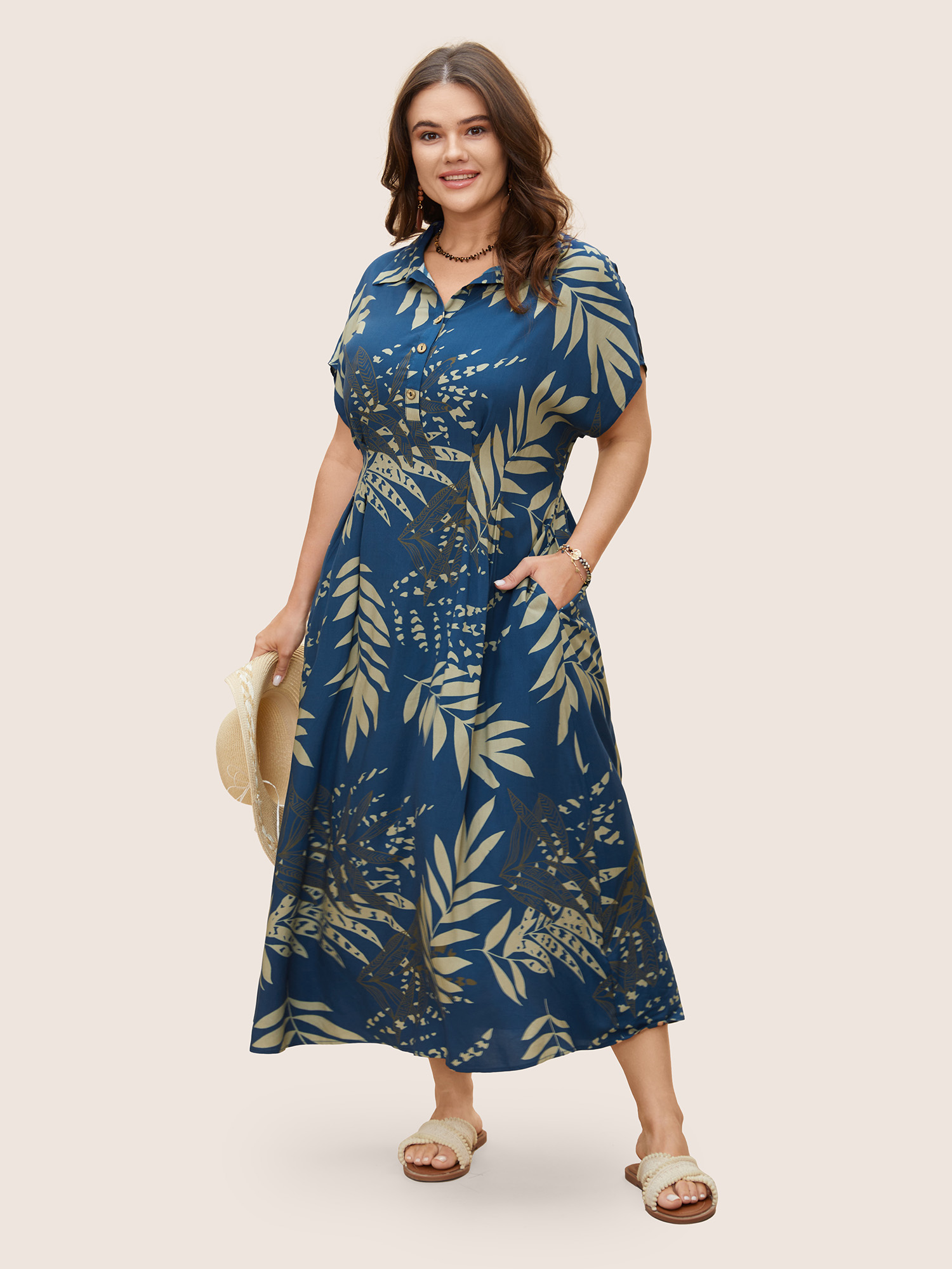 

Plus Size Rayon Tropical Print Button Detail Pleated Dress Mediumblue Women Resort Pleated Shirt collar Short sleeve Curvy BloomChic