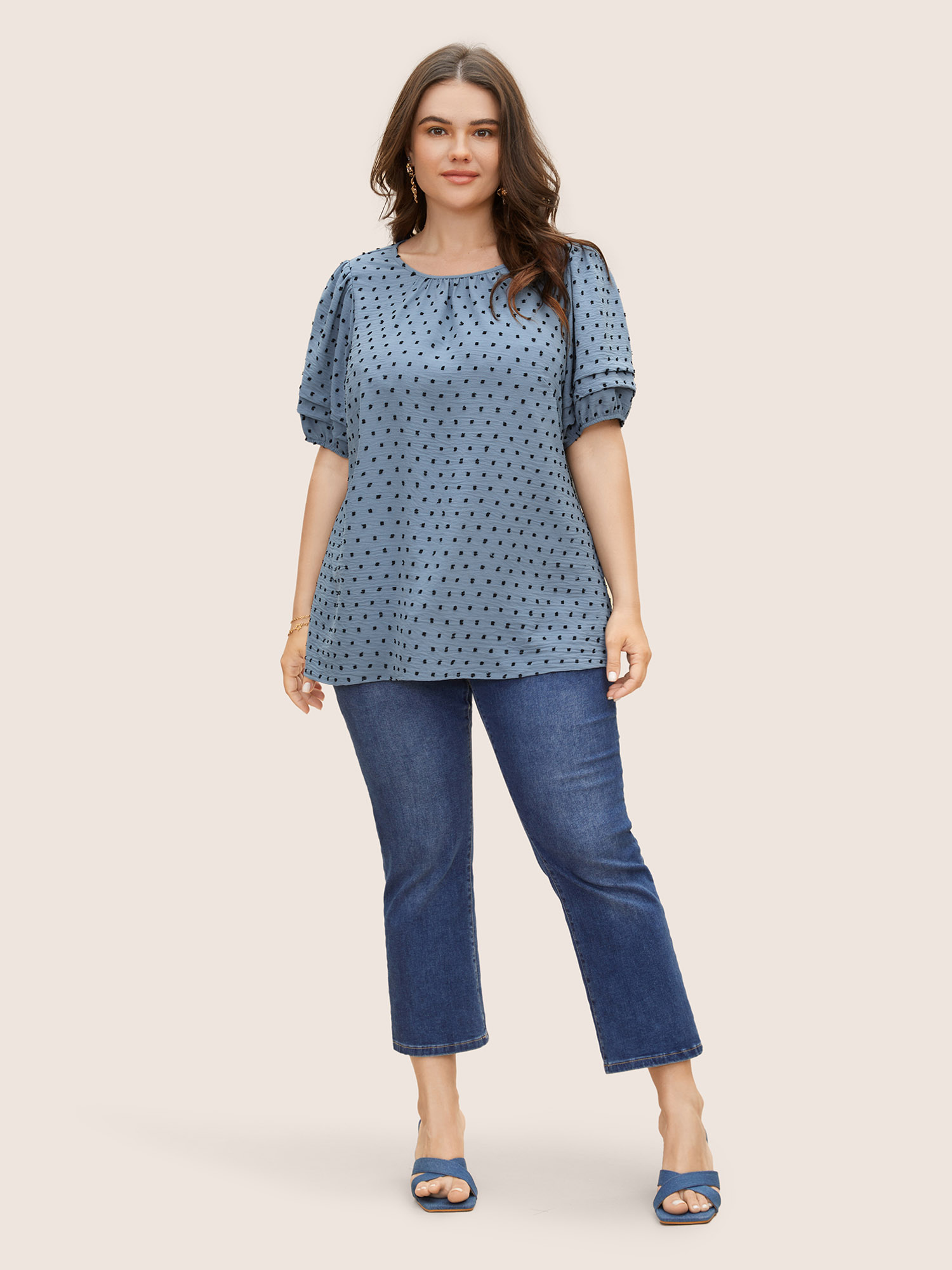 Plus Size Stone Textured Polka Dot Blouse Women Elegant Short sleeve Round Neck Everyday Blouses BloomChic 14-16/1X 