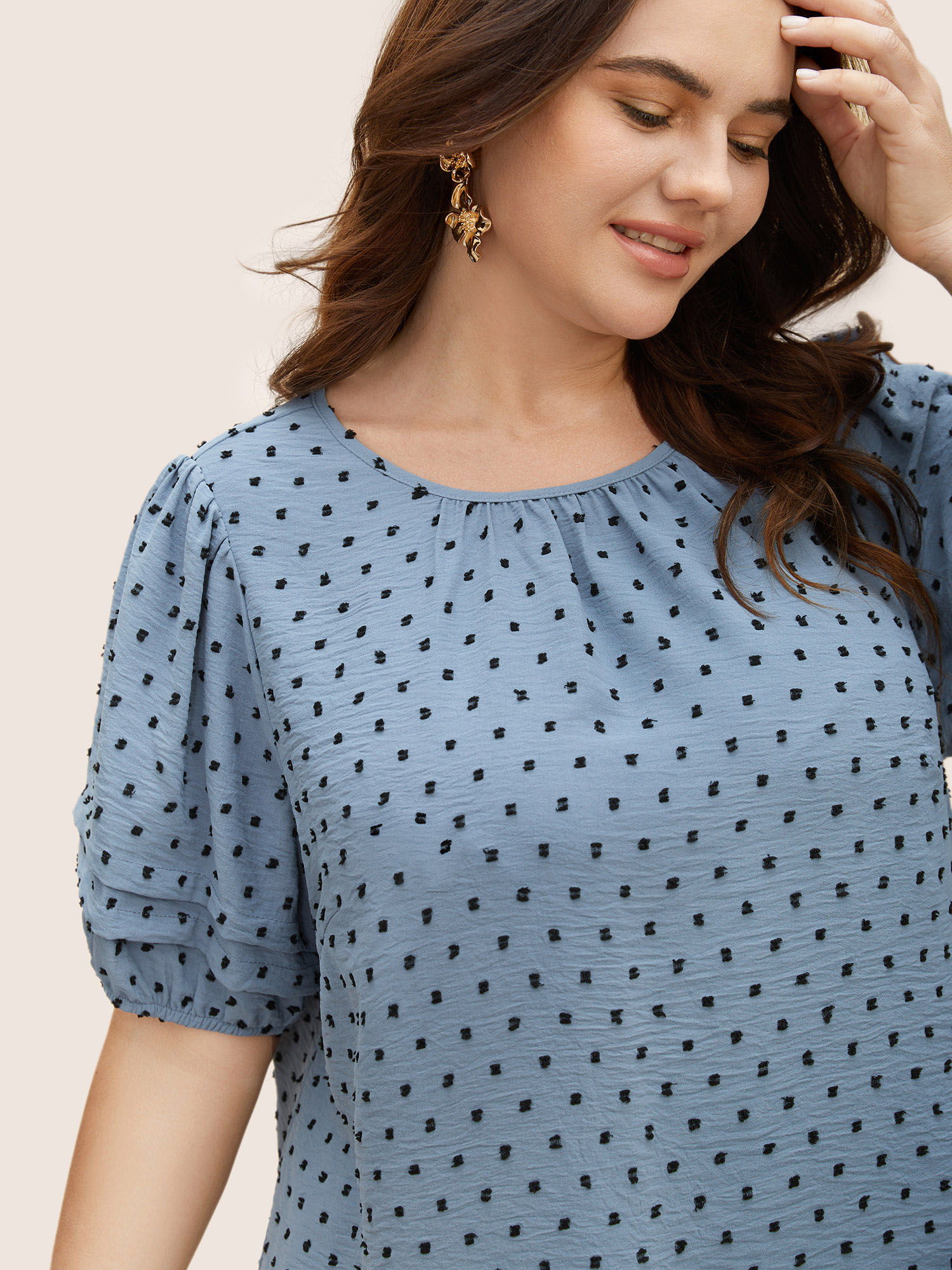 Plus Size Stone Textured Polka Dot Blouse Women Elegant Short sleeve Round Neck Everyday Blouses BloomChic 14-16/1X 