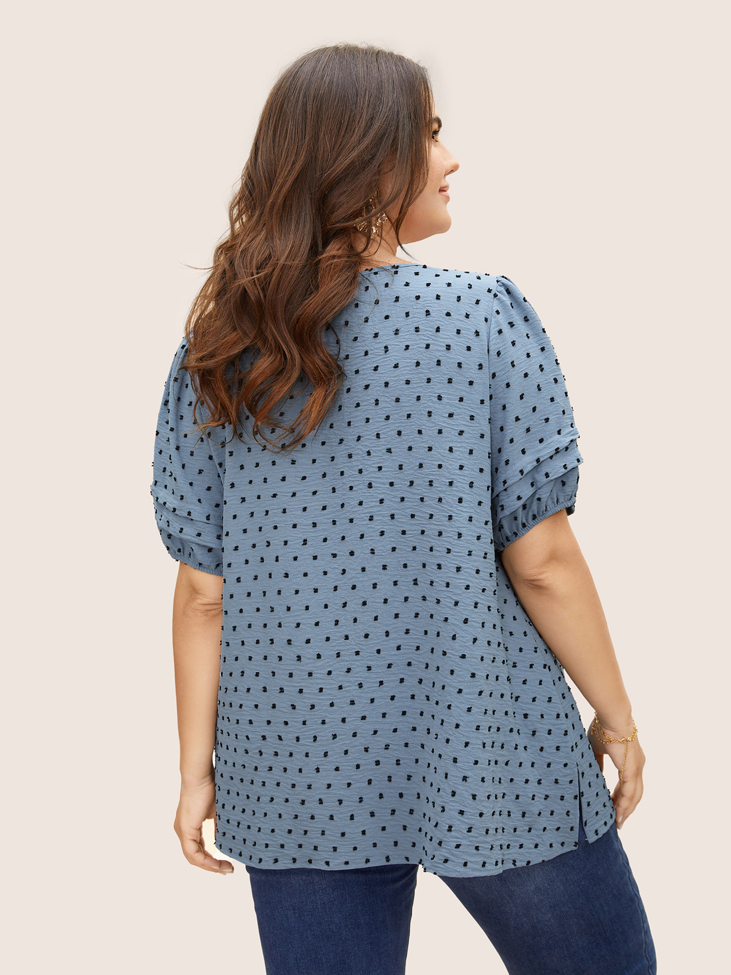Plus Size Stone Textured Polka Dot Blouse Women Elegant Short sleeve Round Neck Everyday Blouses BloomChic 14-16/1X 