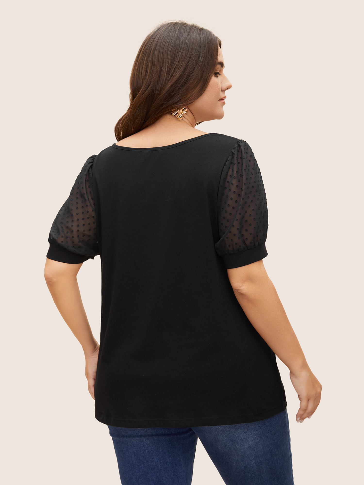 

Plus Size Jacquard Decor Cotton Top Black Women Elegant See through Square Neck Everyday T-shirts BloomChic