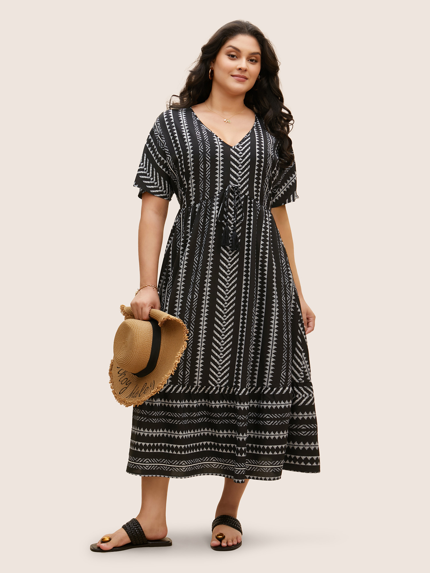 

Plus Size Bandana Striped Dolman Sleeve Midi Dress Black Women Resort Tassels V-neck Short sleeve Curvy BloomChic