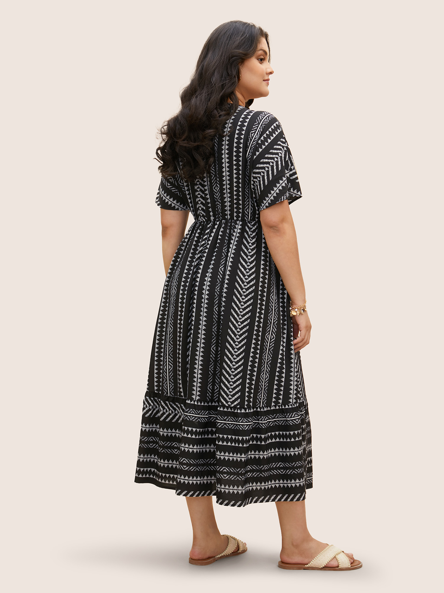 

Plus Size Bandana Striped Dolman Sleeve Midi Dress Black Women Resort Tassels V-neck Short sleeve Curvy BloomChic