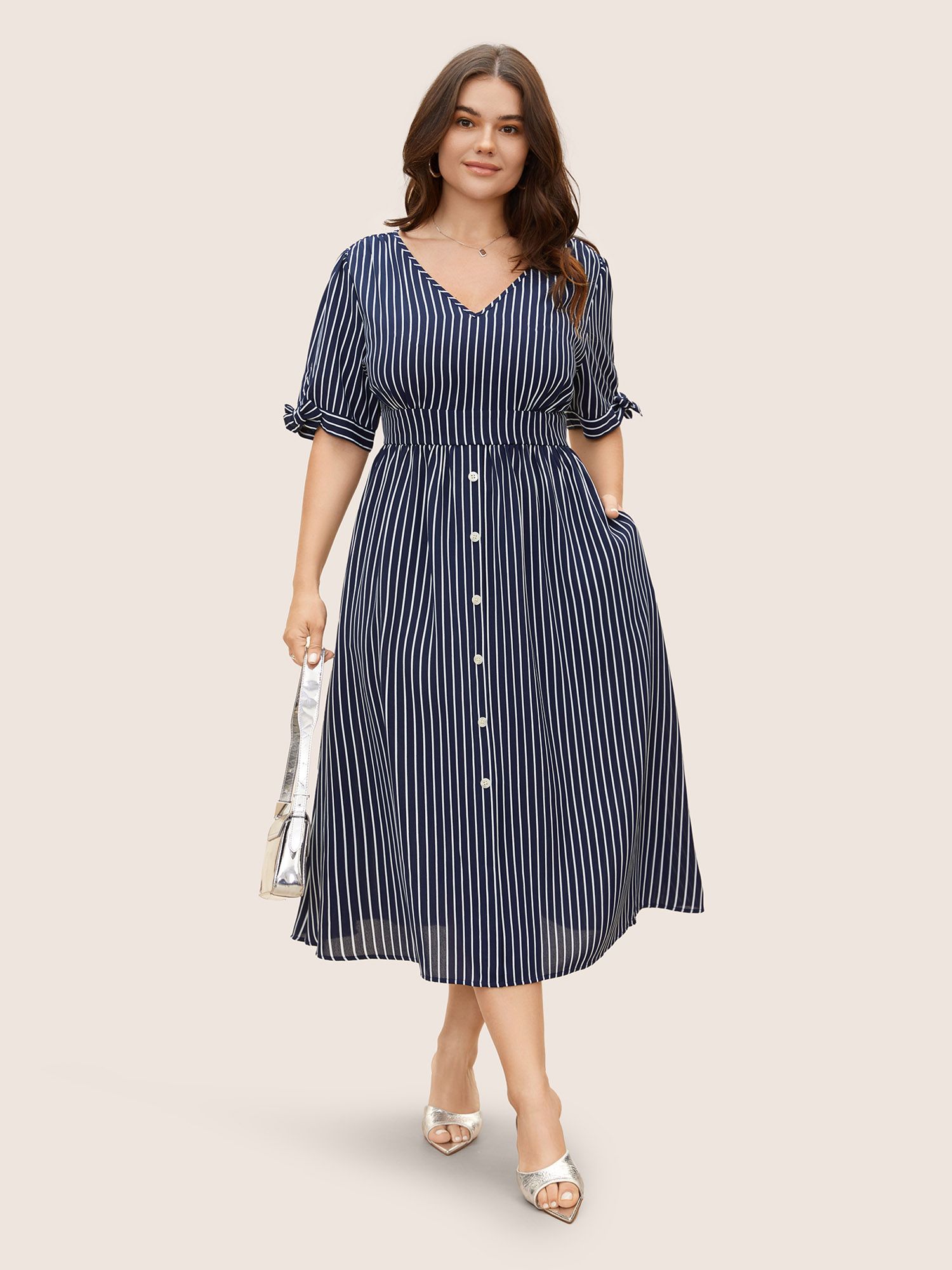 

Plus Size Striped Knot Sleeve Button Detail Dress Midnight Women At the Office Tie knot V-neck Short sleeve Curvy BloomChic