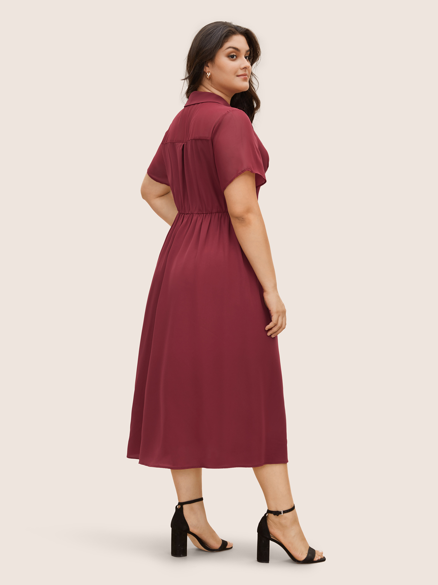 

Plus Size Chiffon Spliced Shirt Midi Dress Plum Women Elegant Gathered Shirt collar Short sleeve Curvy BloomChic