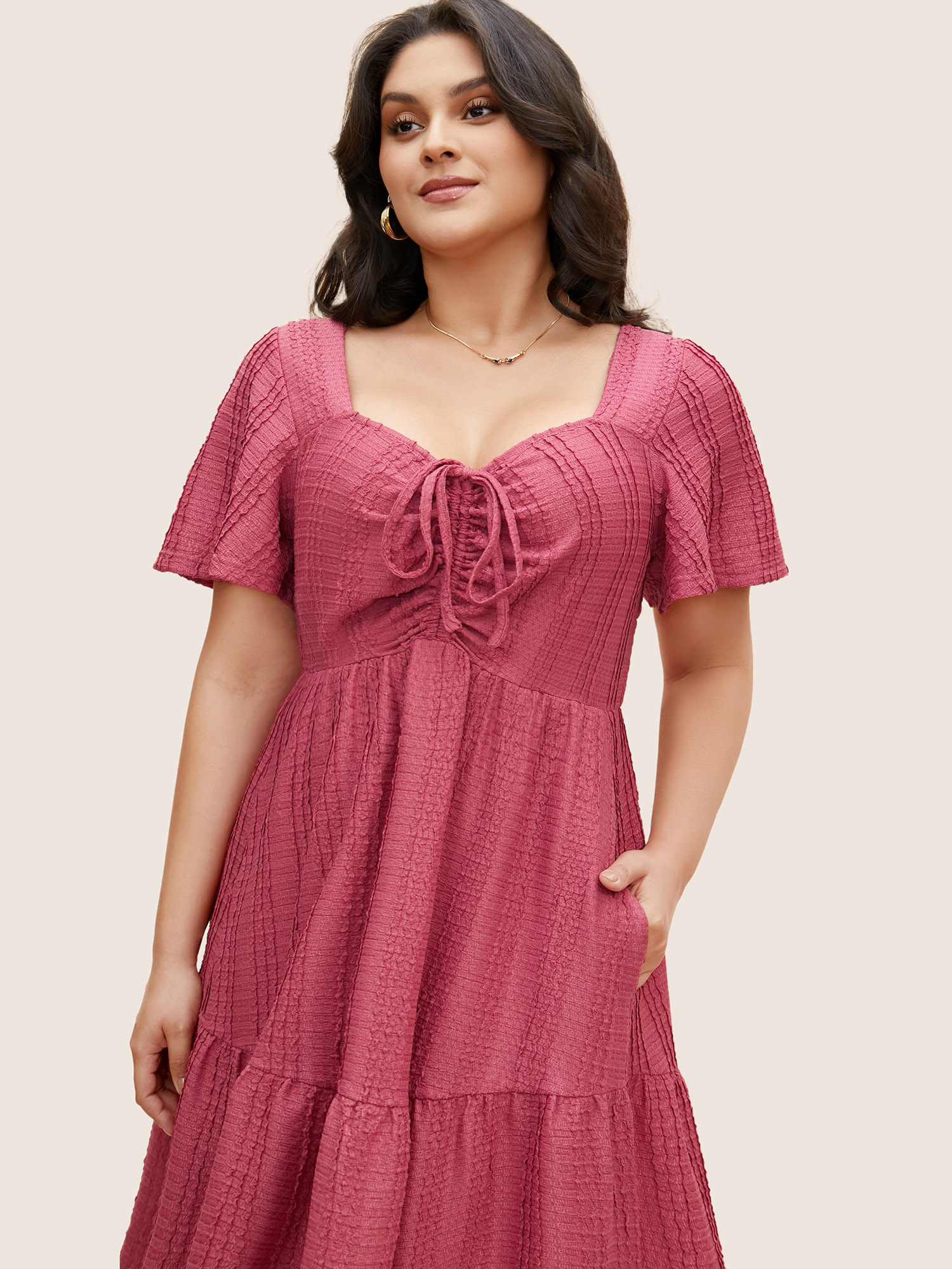 

Plus Size Textured Heart Neckline Ruffle Sleeve Dress Rosered Women Elegant Texture Heart neckline Short sleeve Curvy BloomChic