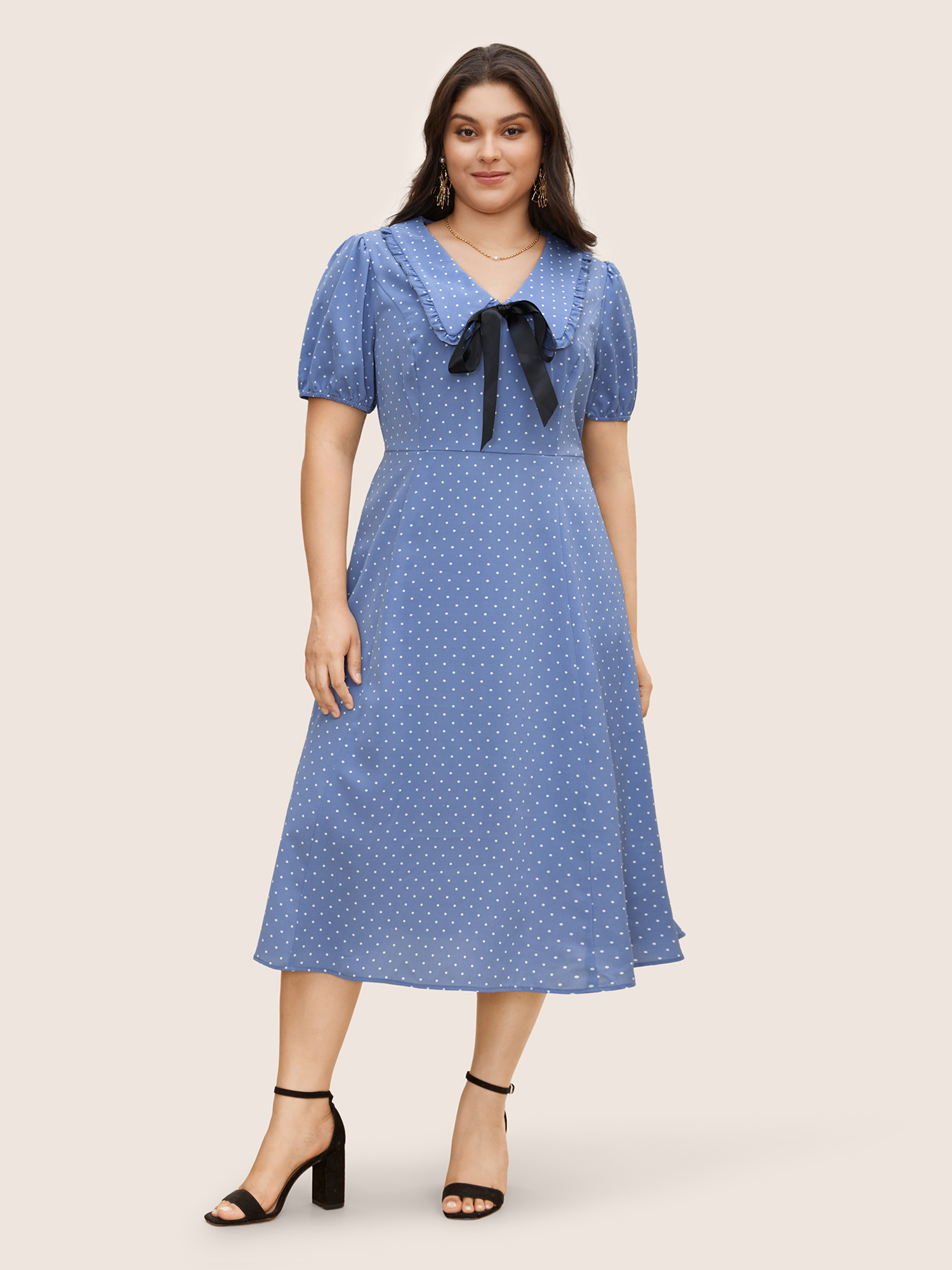 

Plus Size Collared Detachable Bow Midi Dress Stone Women Elegant Tie knot Lapel Collar Short sleeve Curvy BloomChic