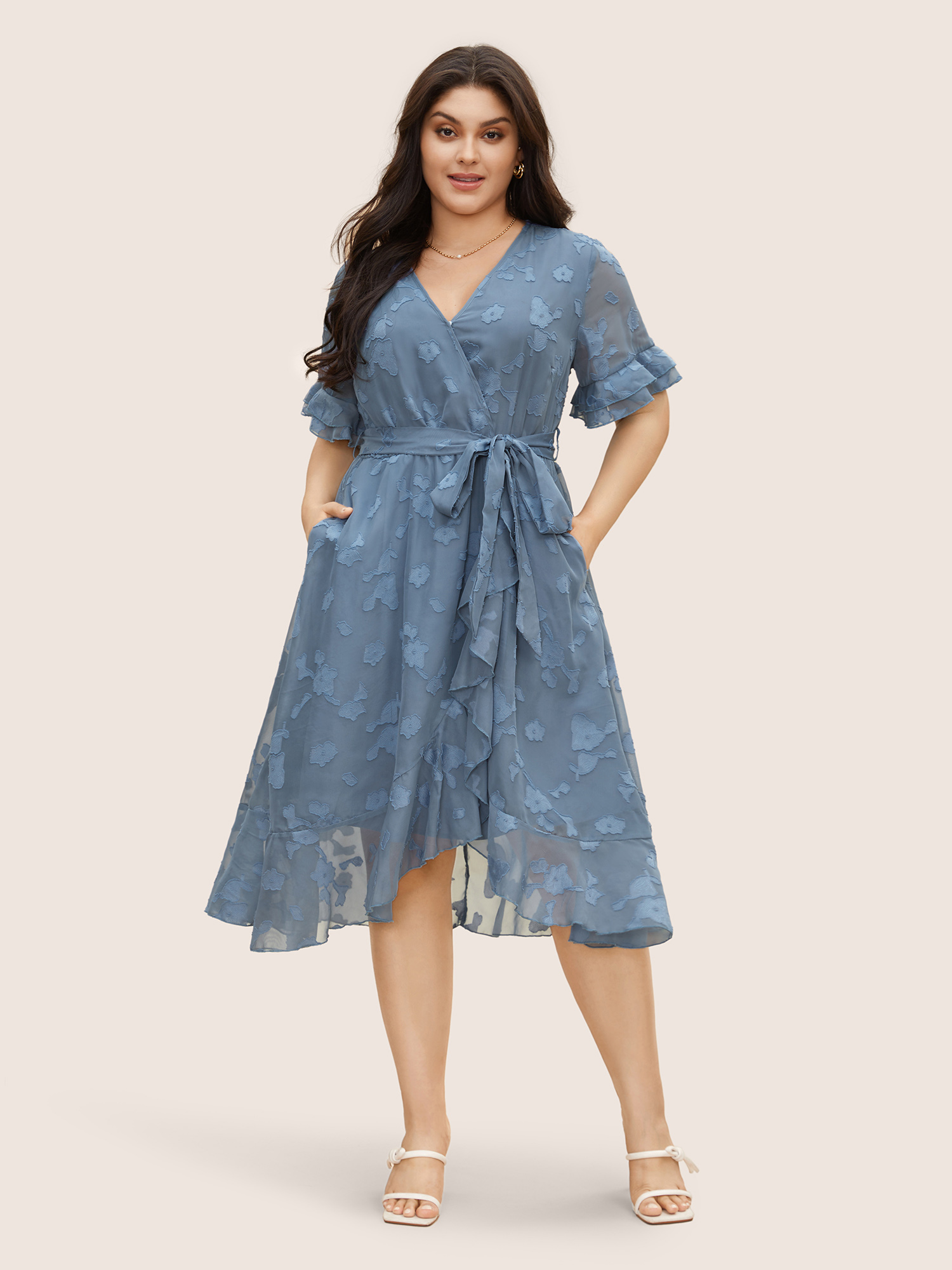 

Plus Size Jacquard Wrap Belted Ruffle Sleeve Dress Stone Women Elegant Texture Overlap Collar Short sleeve Curvy BloomChic