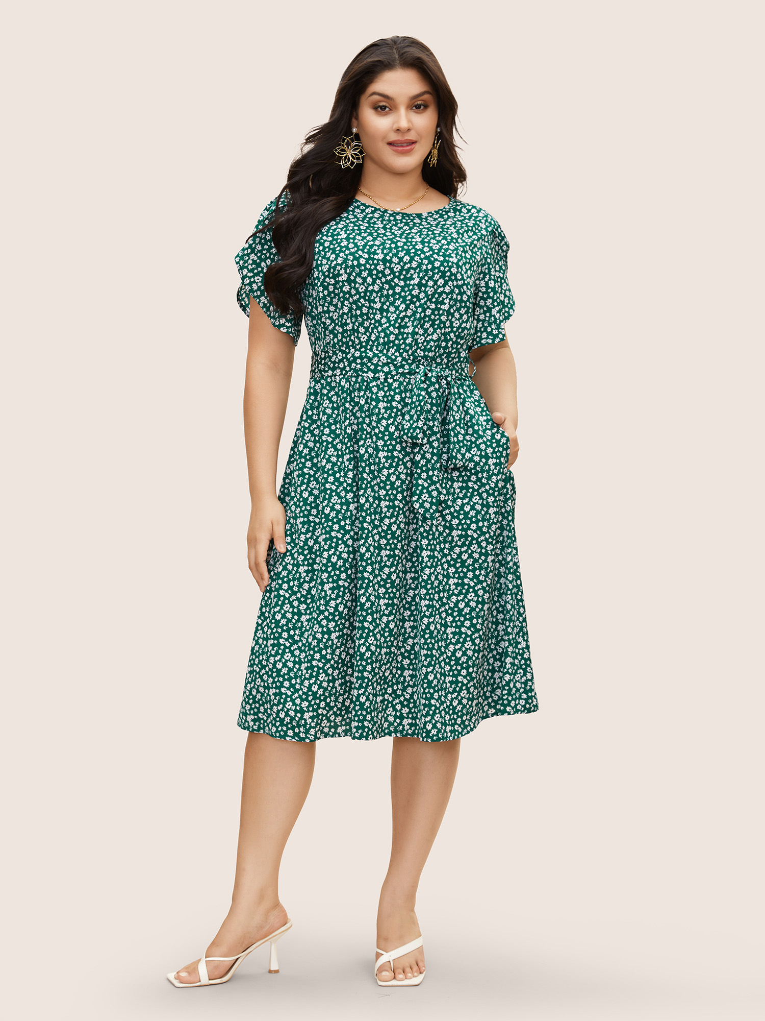 

Plus Size Tulip Sleeved Round Neck Midi Dress Teal Women Elegant Belted Round Neck Short sleeve Curvy BloomChic