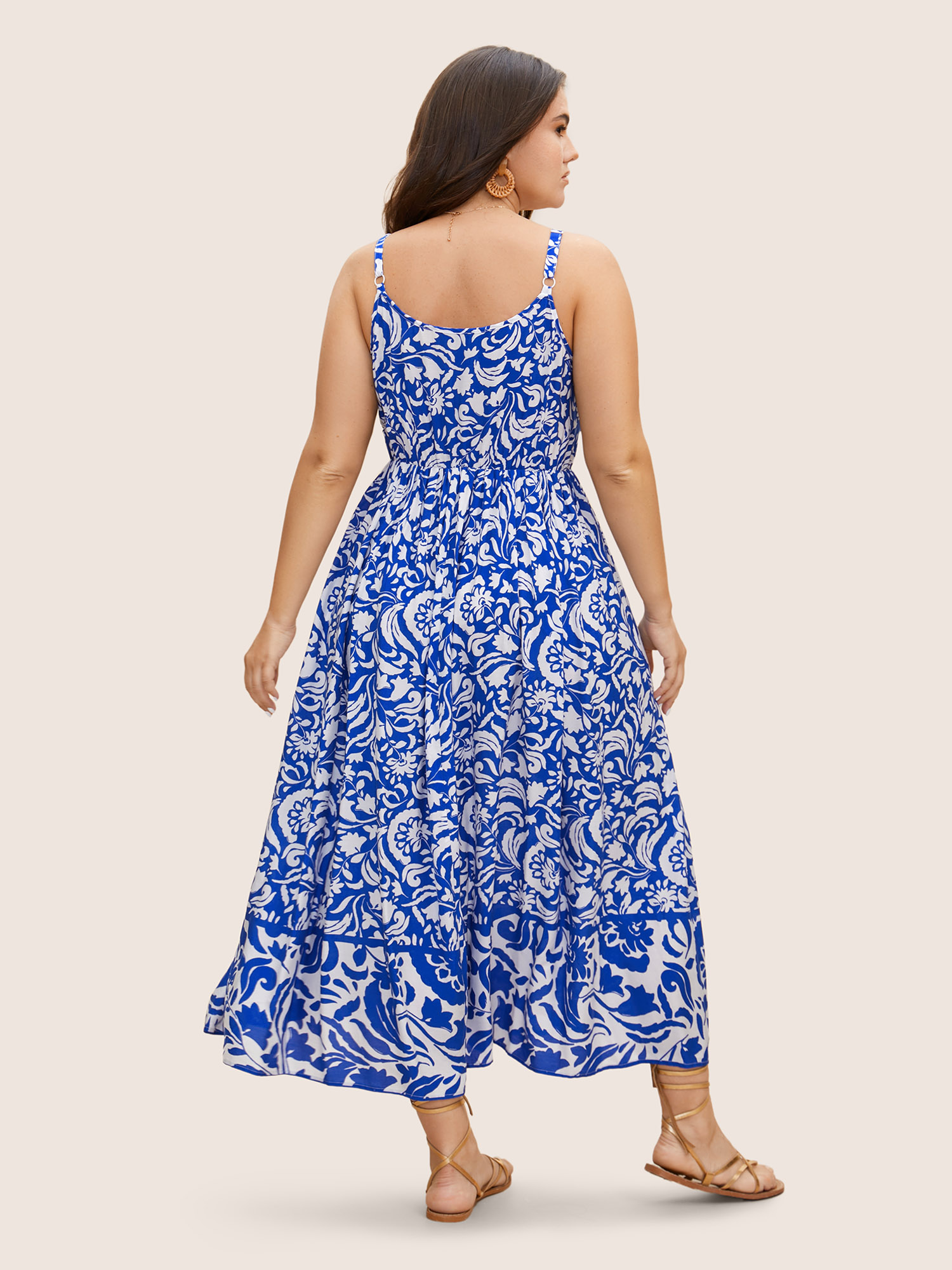 

Plus Size Rayon Boho Print Wrap Cami Dress Brightblue Women Resort Ruffles Overlap Collar Sleeveless Curvy BloomChic