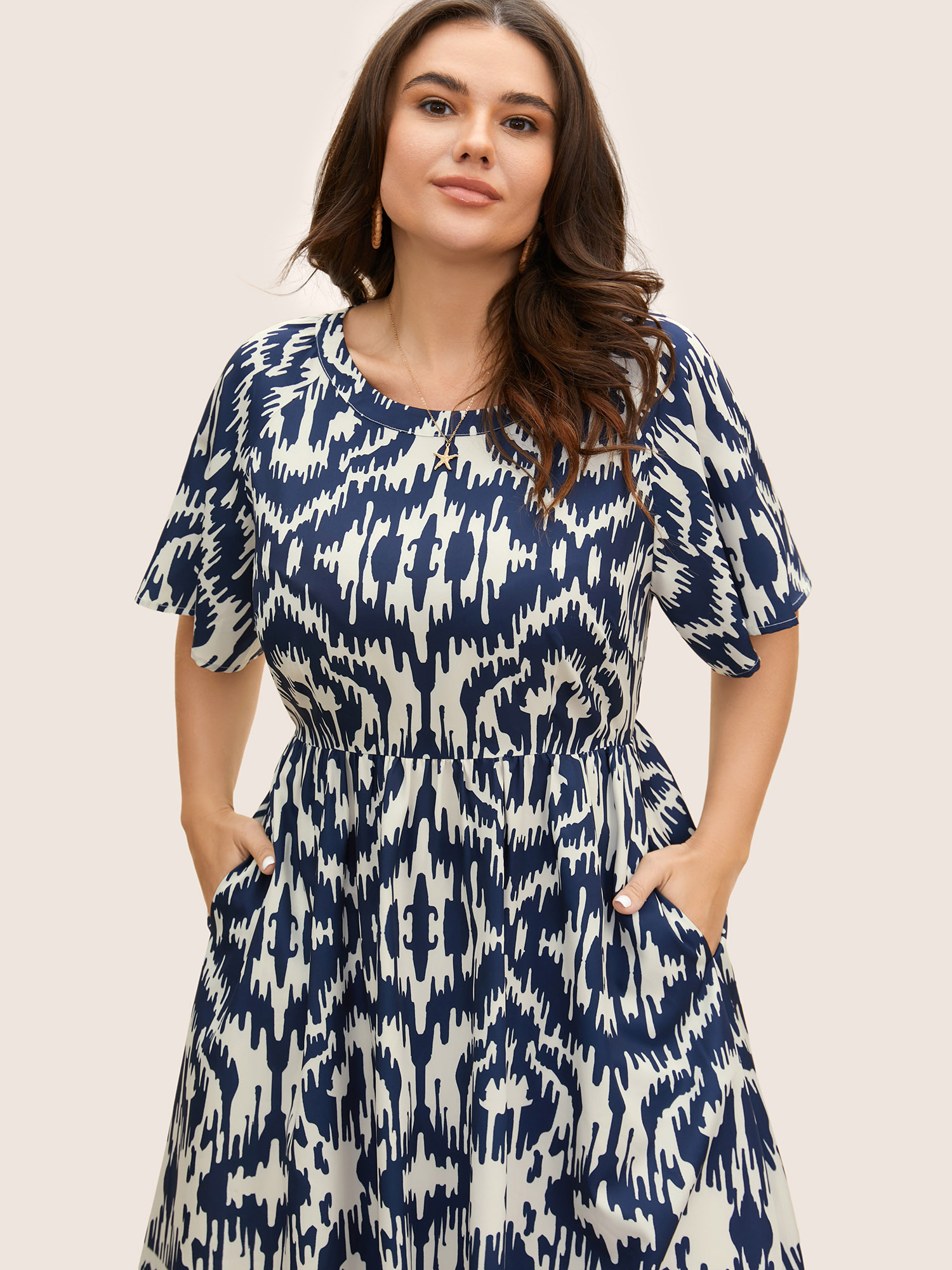 

Plus Size Boho Print Ruffle Sleeve Midi Dress DarkBlue Women Resort Non Round Neck Short sleeve Curvy BloomChic